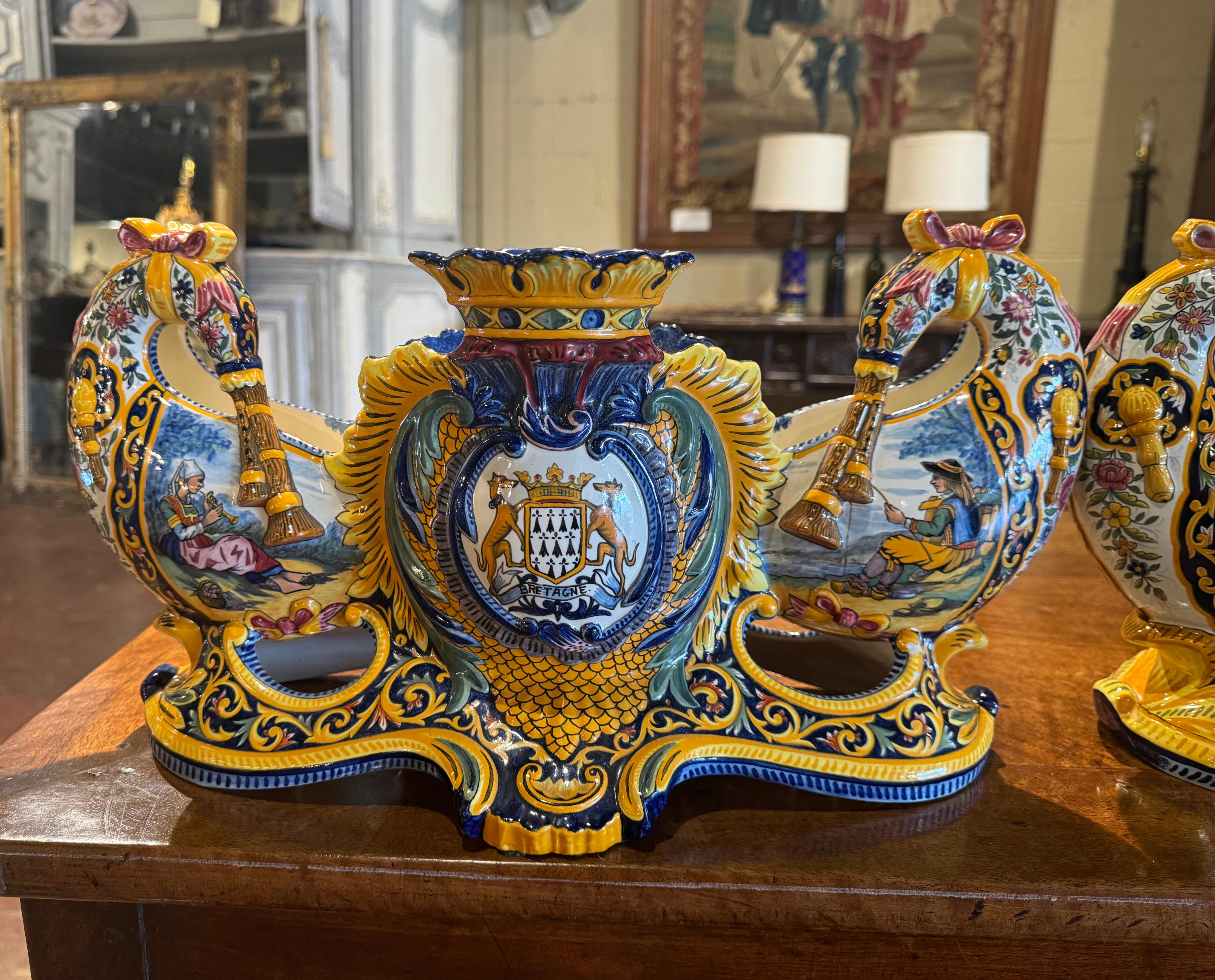 Pair of 19th Century French Faience Jardinieres Signed Henriot Quimper In Excellent Condition In Dallas, TX