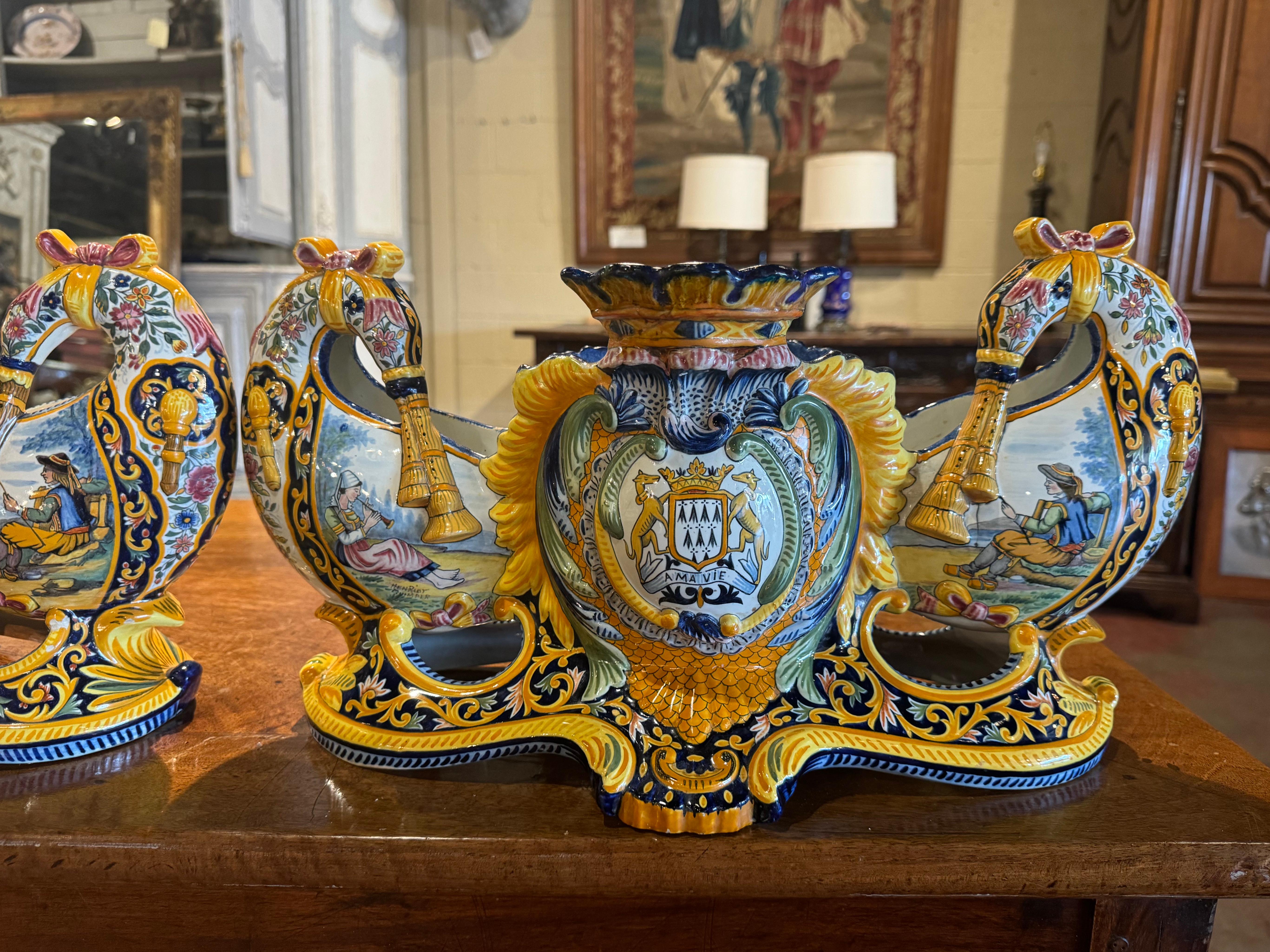 Ceramic Pair of 19th Century French Faience Jardinieres Signed Henriot Quimper
