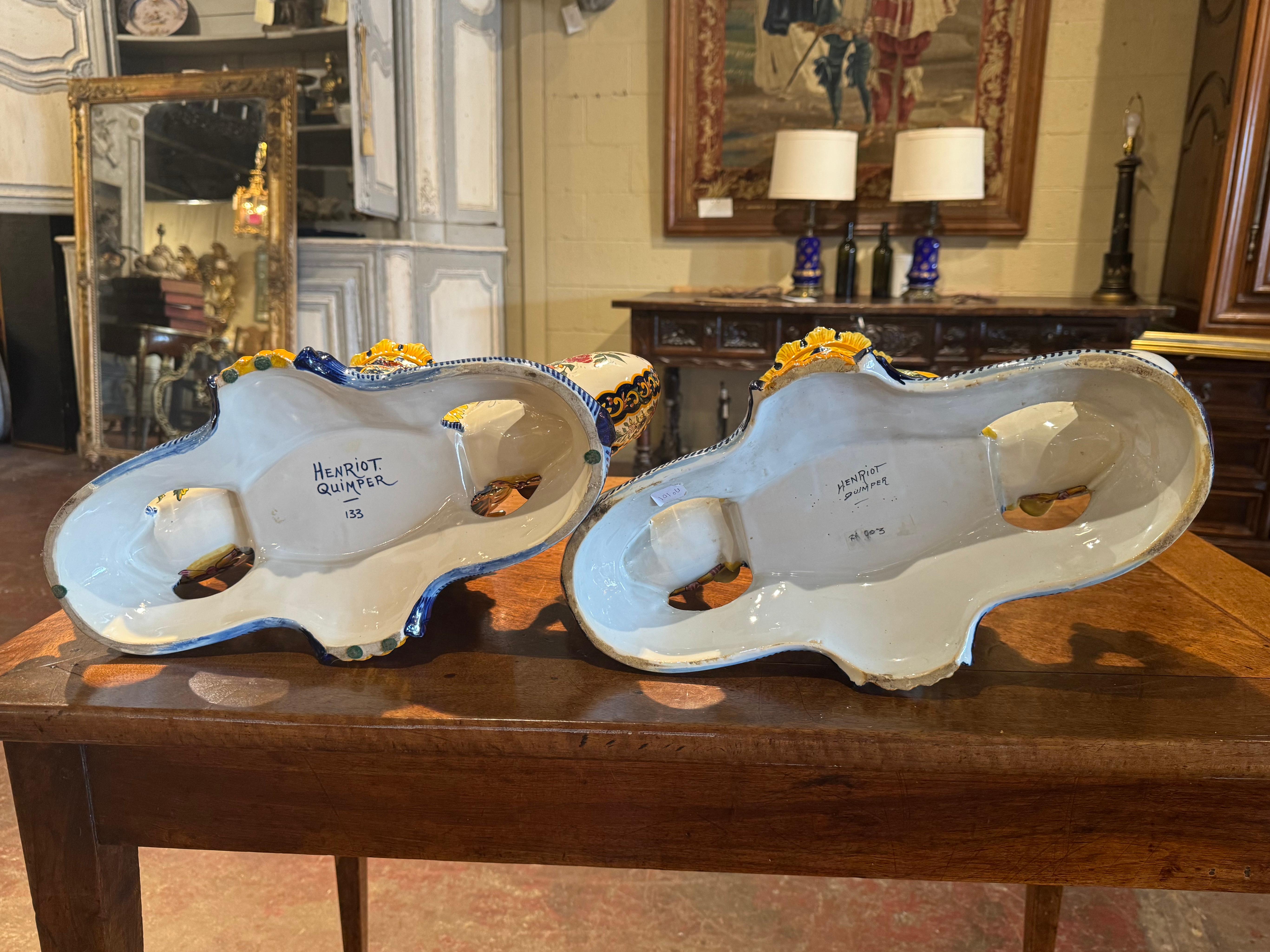 Pair of 19th Century French Faience Jardinieres Signed Henriot Quimper 4