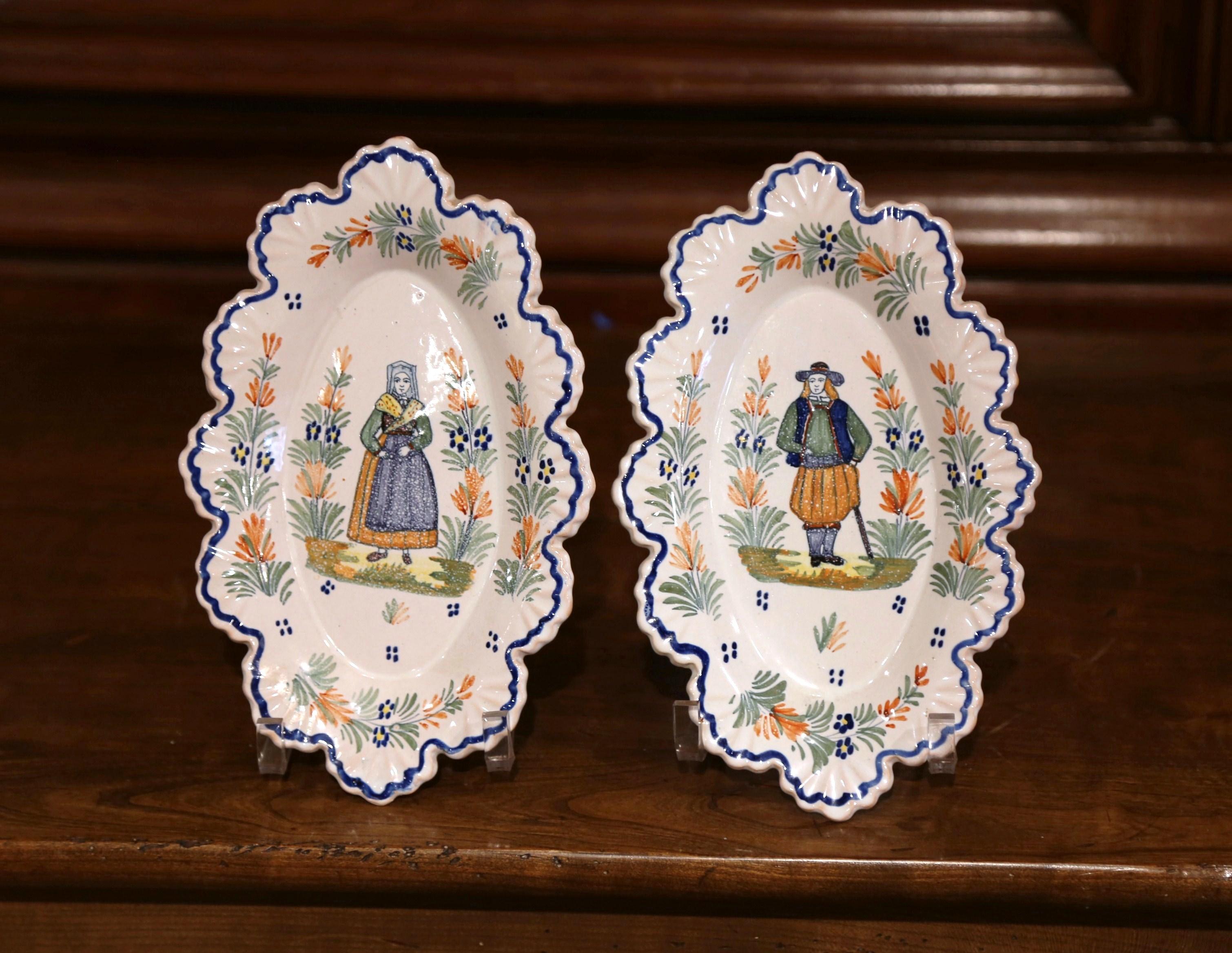 Pair of 19th Century French Faience Oval Wall Plates Signed Henriot Quimper 1