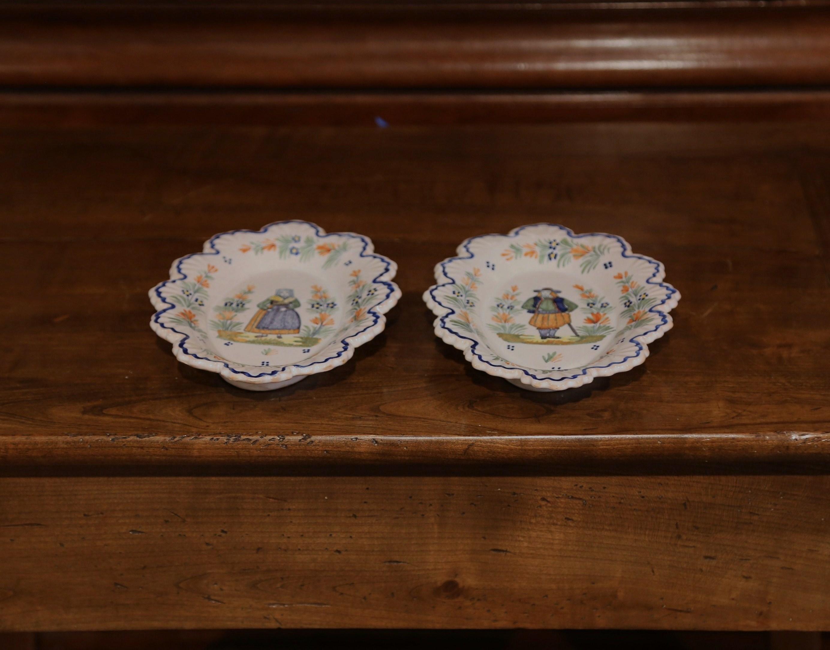 Pair of 19th Century French Faience Oval Wall Plates Signed Henriot Quimper (Fayence)