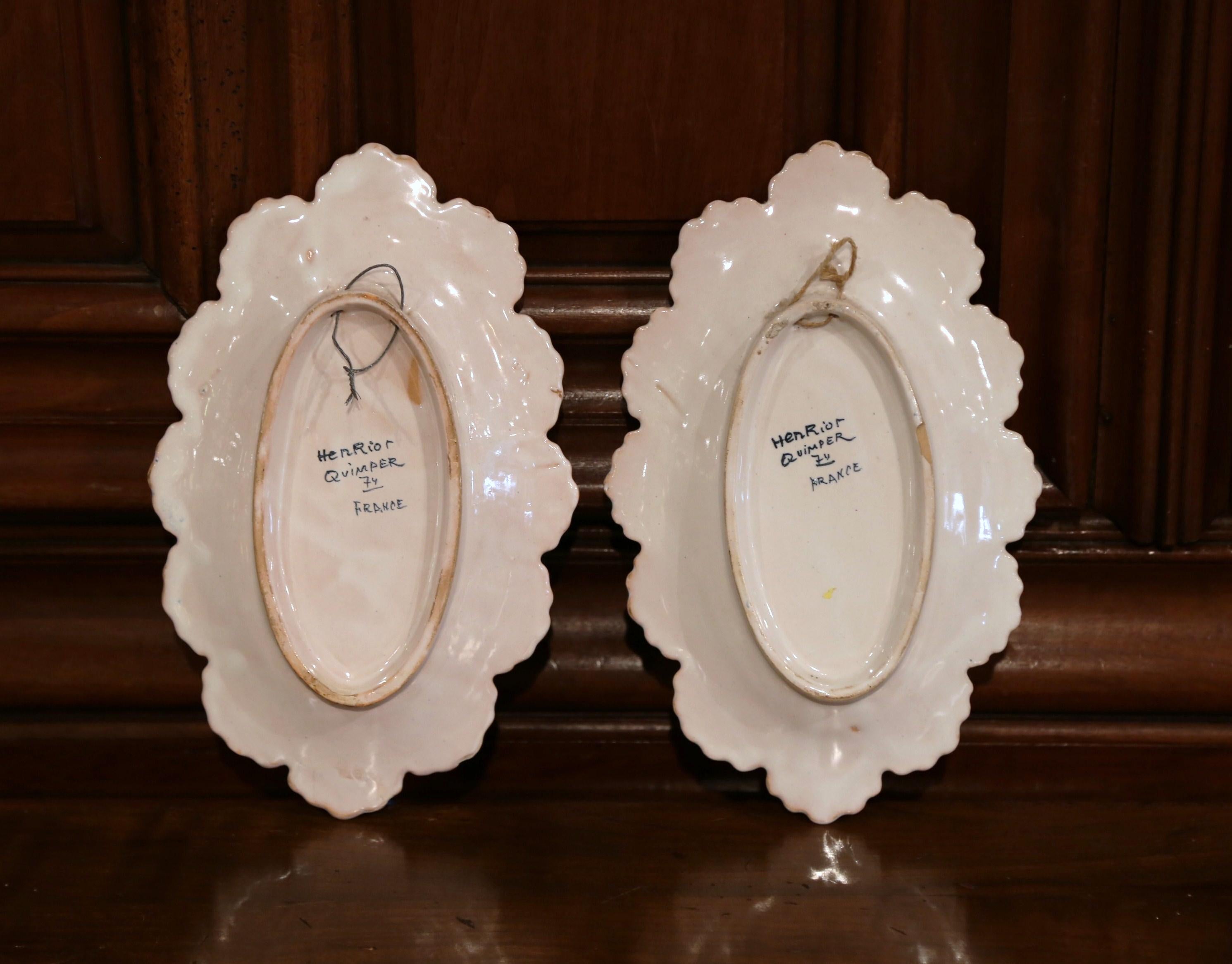 Pair of 19th Century French Faience Oval Wall Plates Signed Henriot Quimper 4