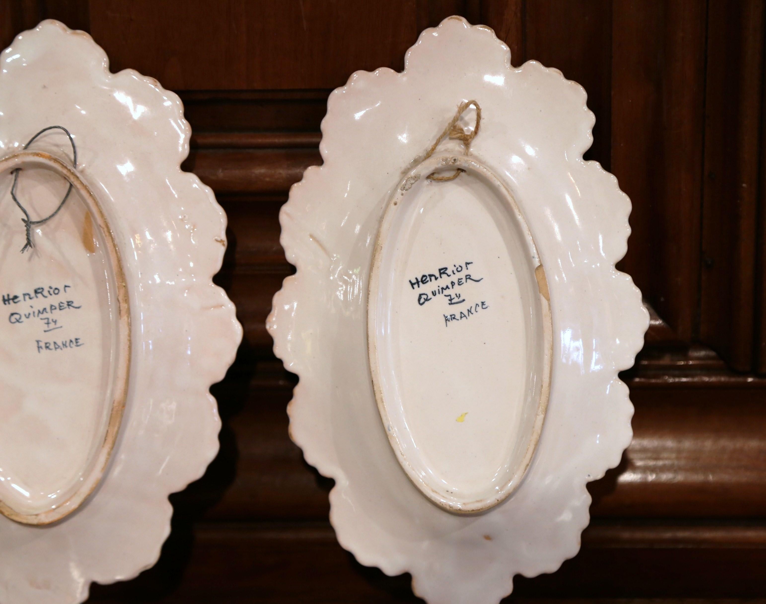 Pair of 19th Century French Faience Oval Wall Plates Signed Henriot Quimper 2