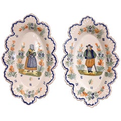 Pair of 19th Century French Faience Oval Wall Plates Signed Henriot Quimper
