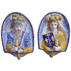 Pair of 19th Century French Faience Sconces with Joan of Arc and Duke of Orleans
