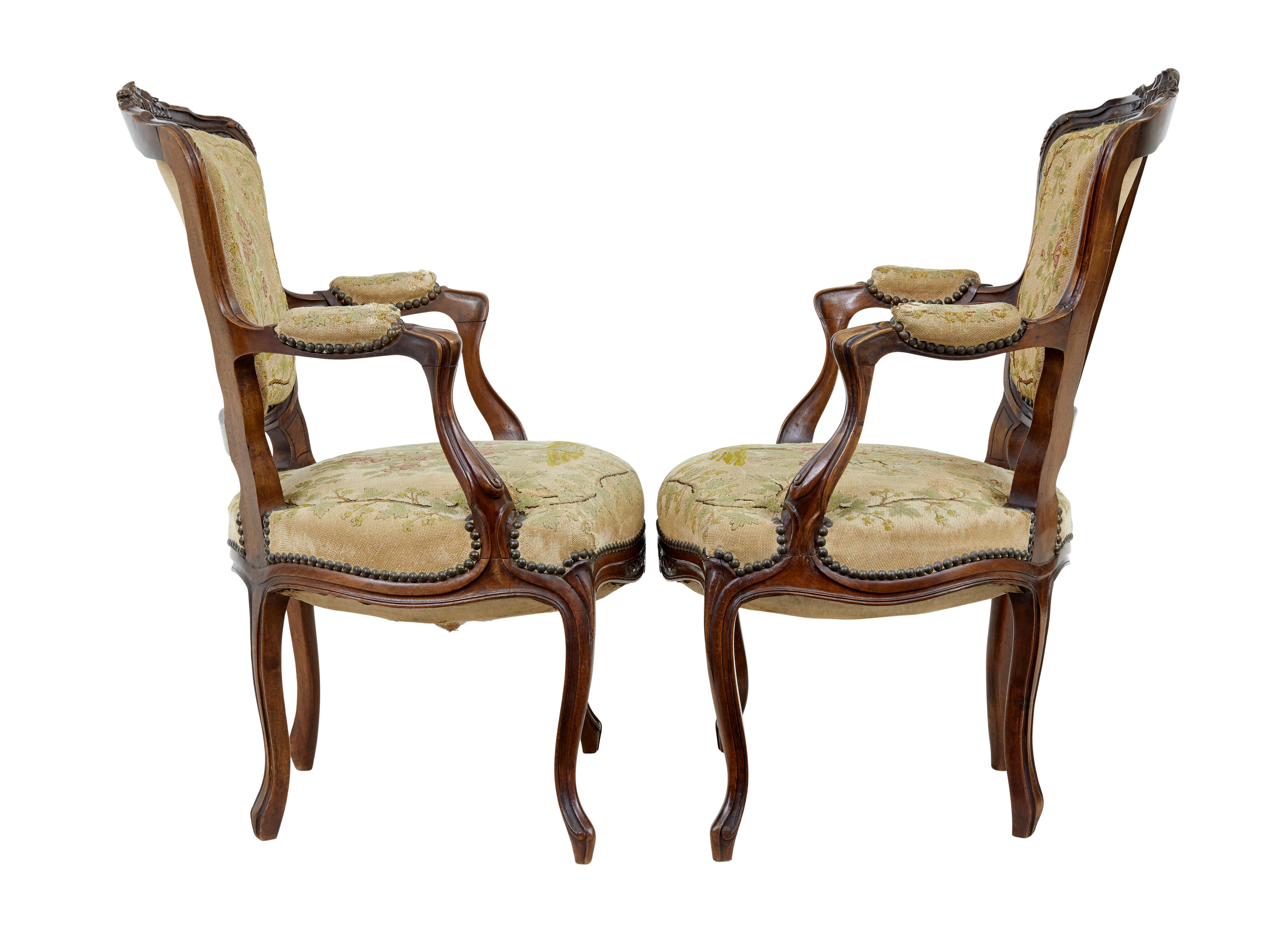 Victorian Pair of 19th century French fauteuil walnut armchairs For Sale