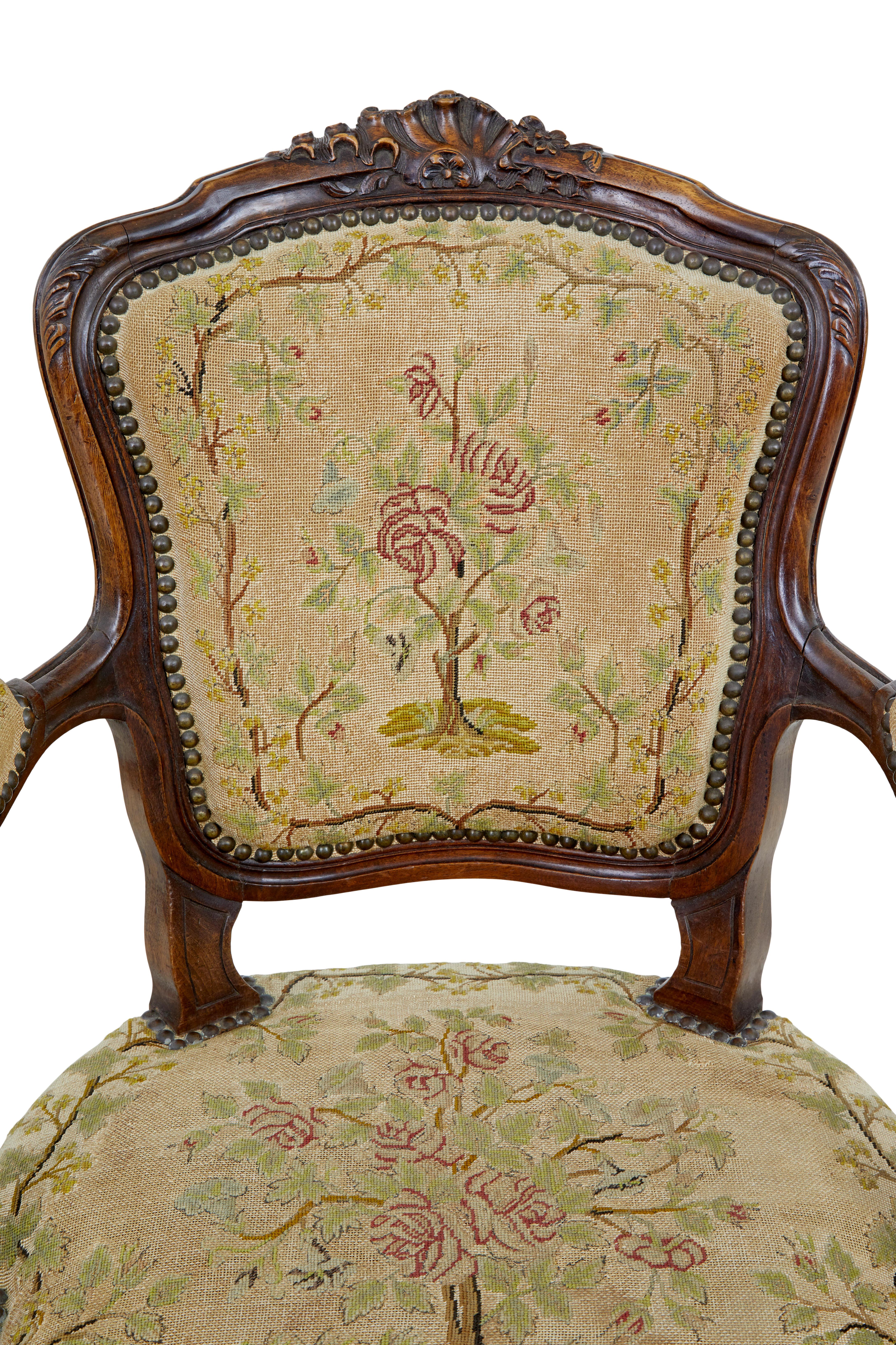 Tapestry Pair of 19th century French fauteuil walnut armchairs For Sale