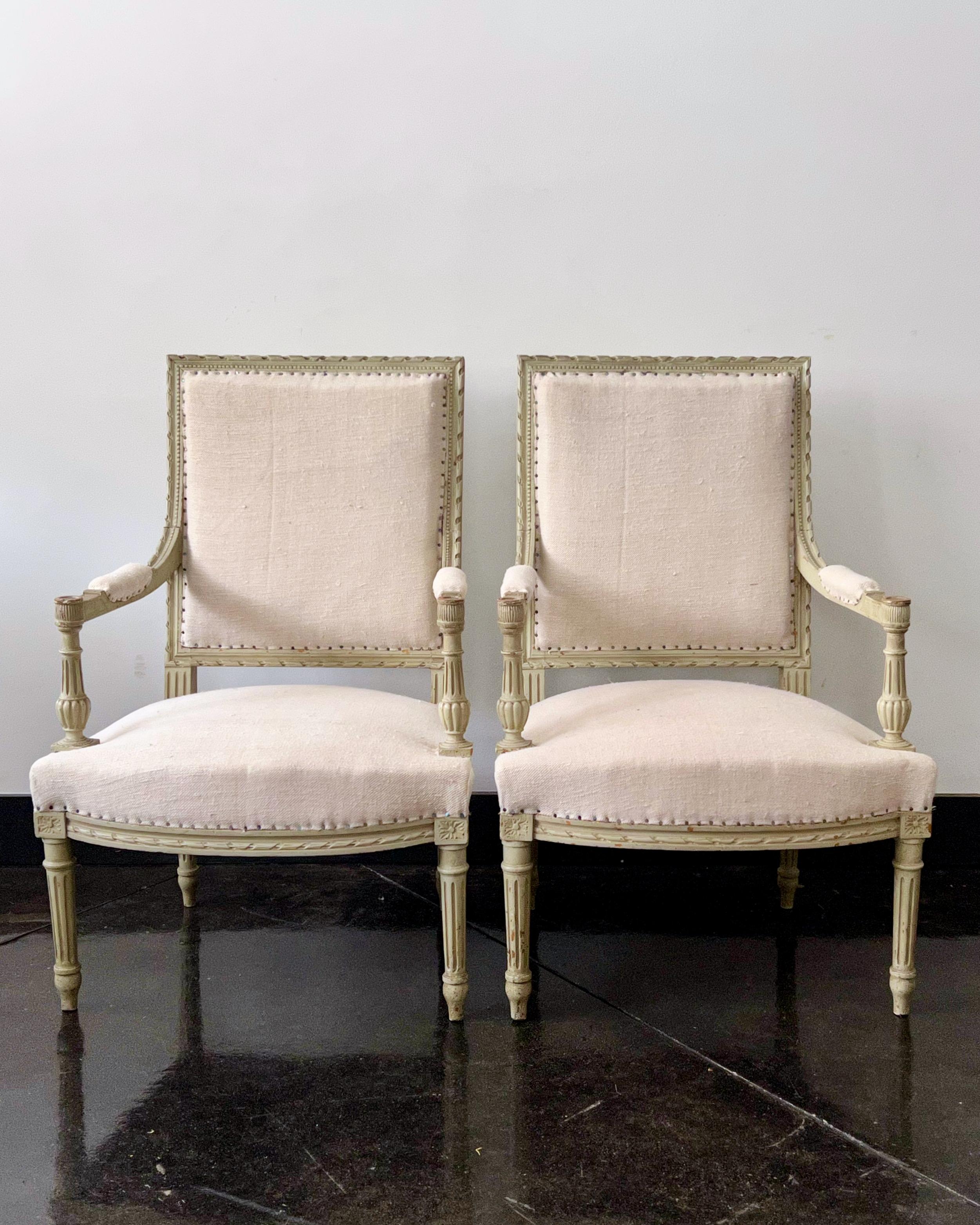 Louis XVI Pair of 19th Century French Fauteuils / Armchairs For Sale