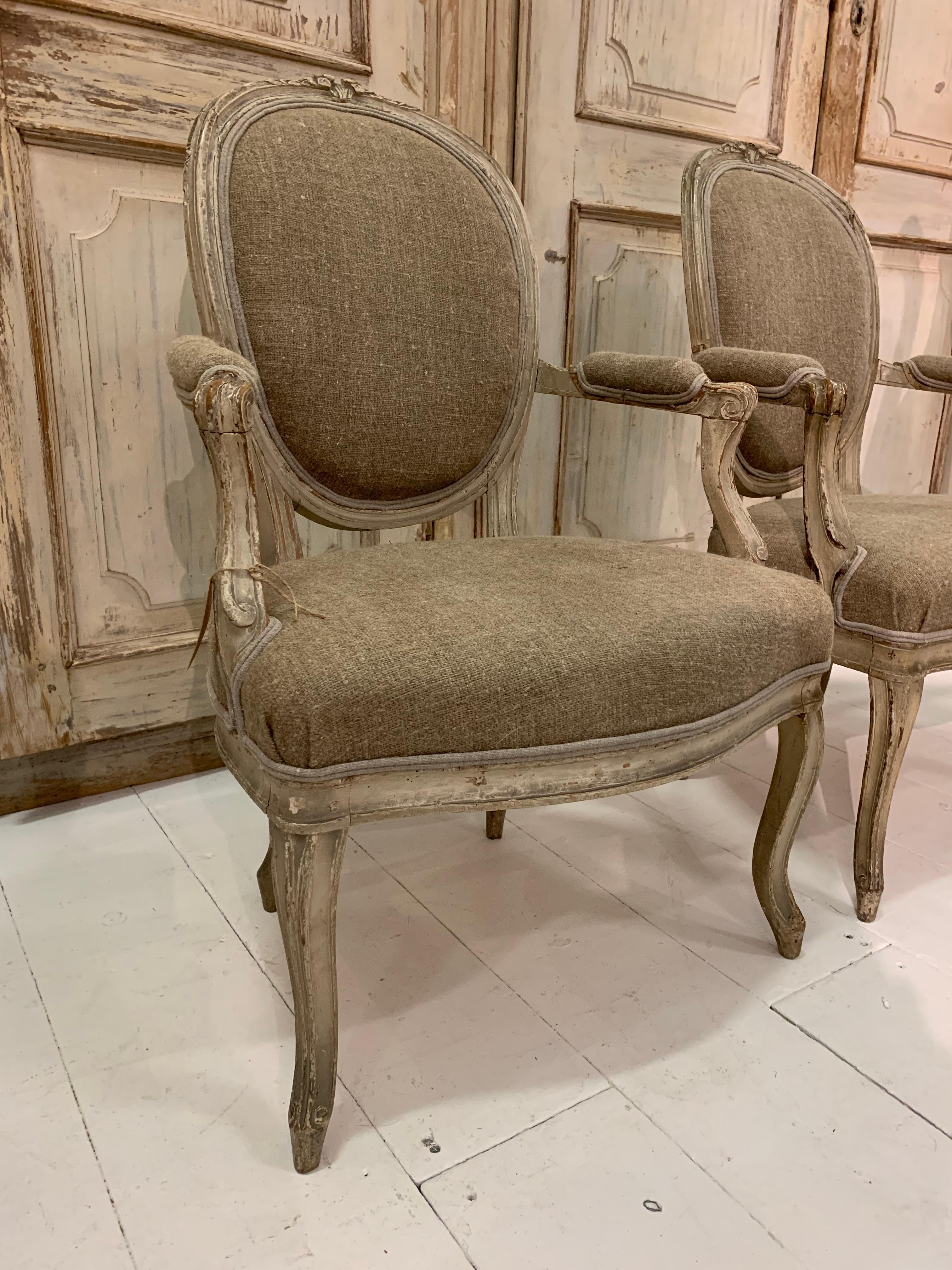 Pine Pair of 19th Century French Fauteuils Louis XVI Style Upholstered Armchairs For Sale