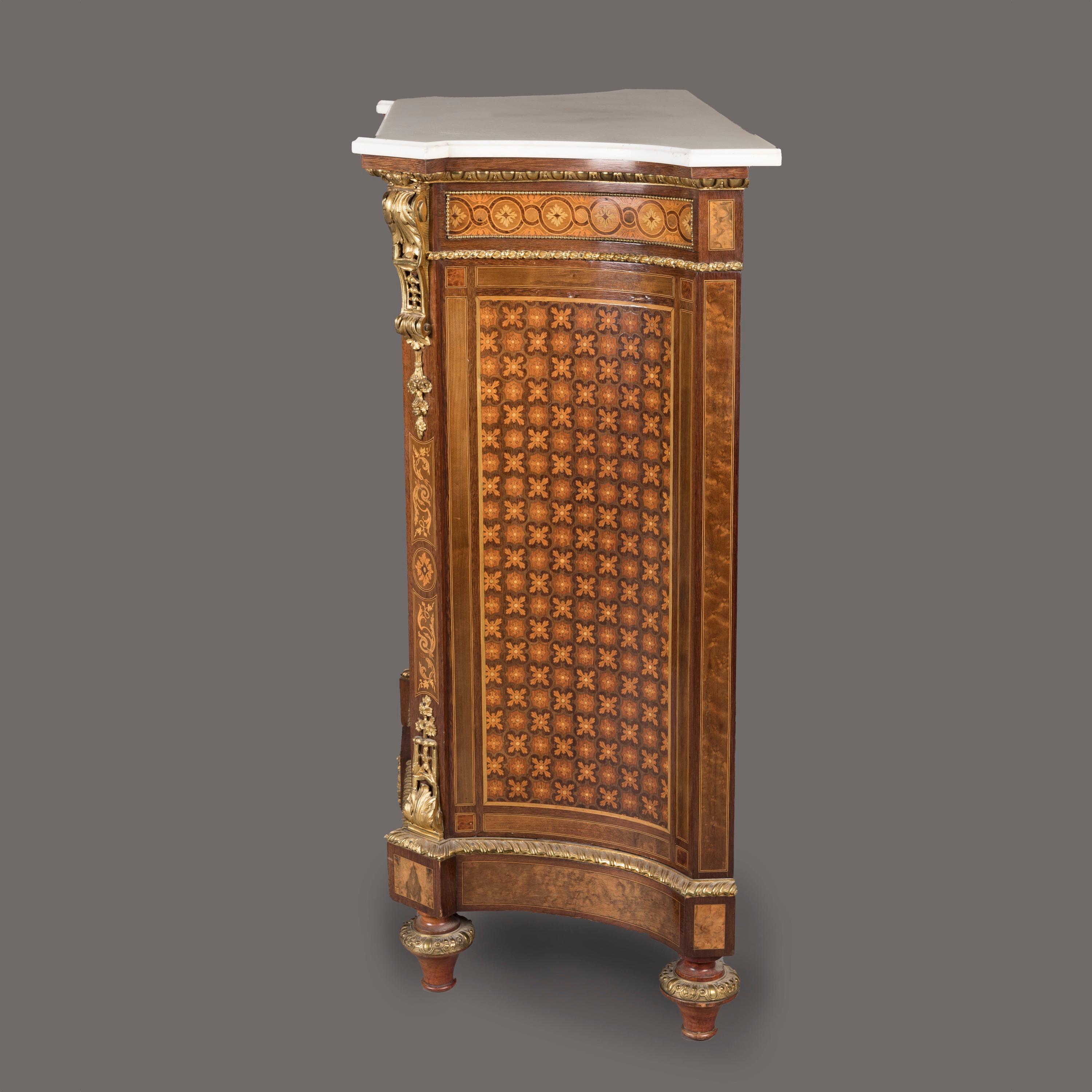 Louis XVI Pair of 19th Century French Floral Marquetry Cabinets with Carrara Marble Tops For Sale