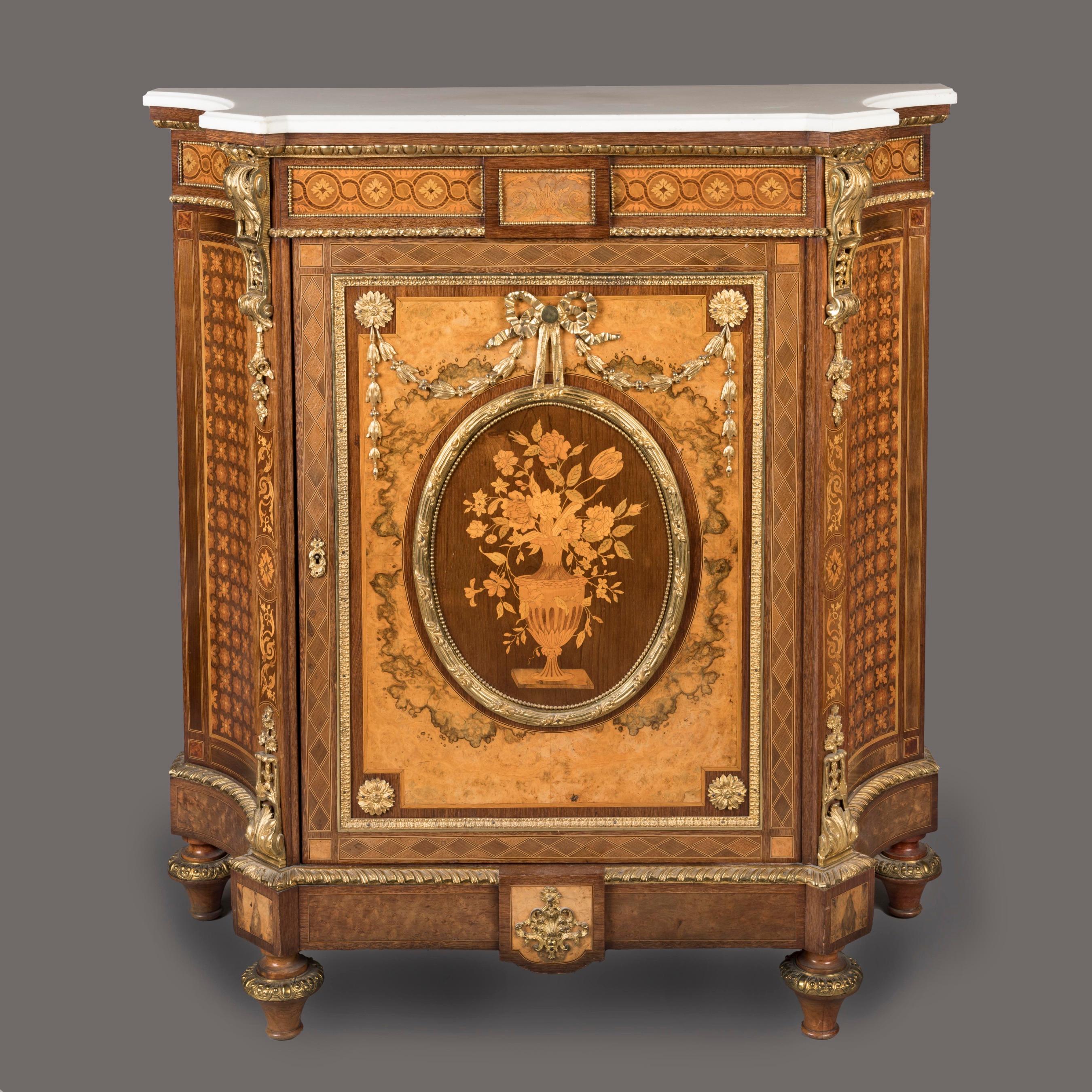 Ormolu Pair of 19th Century French Floral Marquetry Cabinets with Carrara Marble Tops For Sale