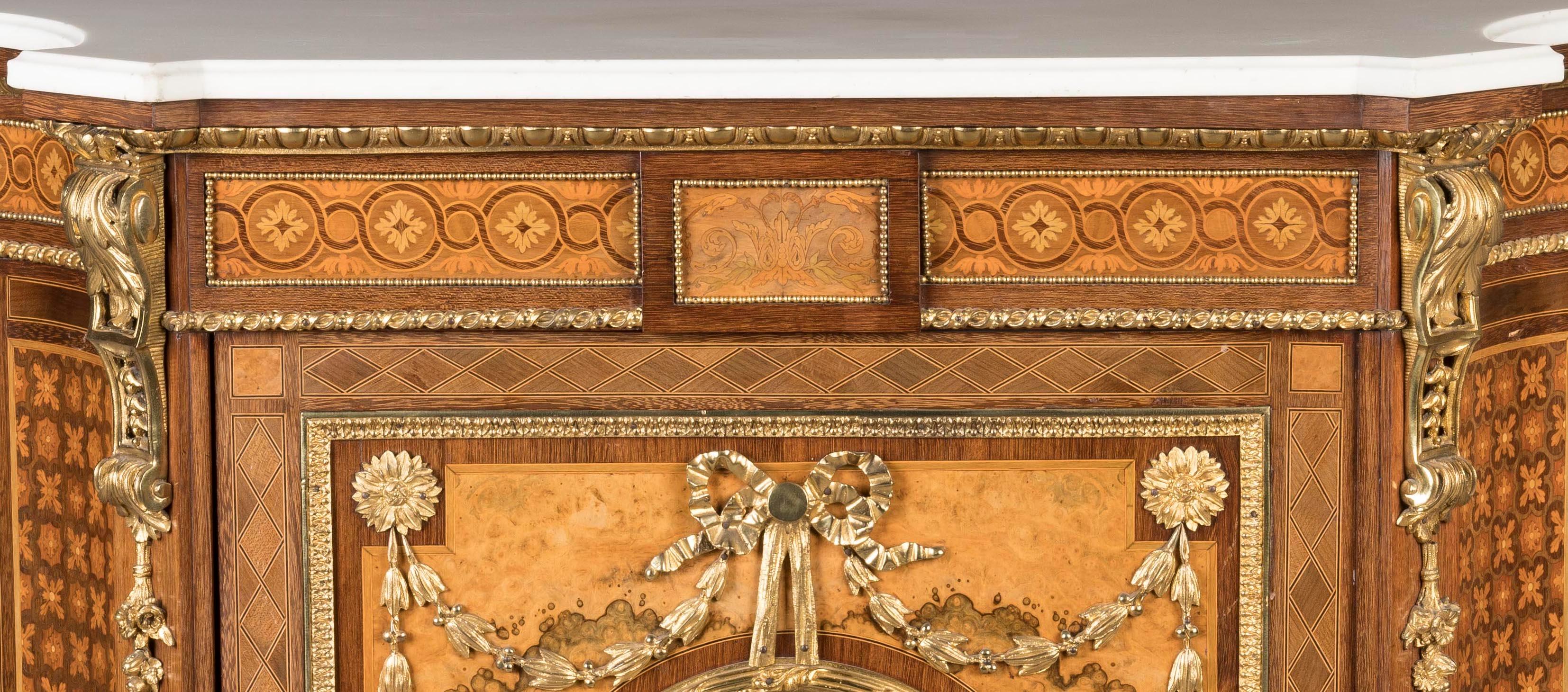 Pair of 19th Century French Floral Marquetry Cabinets with Carrara Marble Tops For Sale 1
