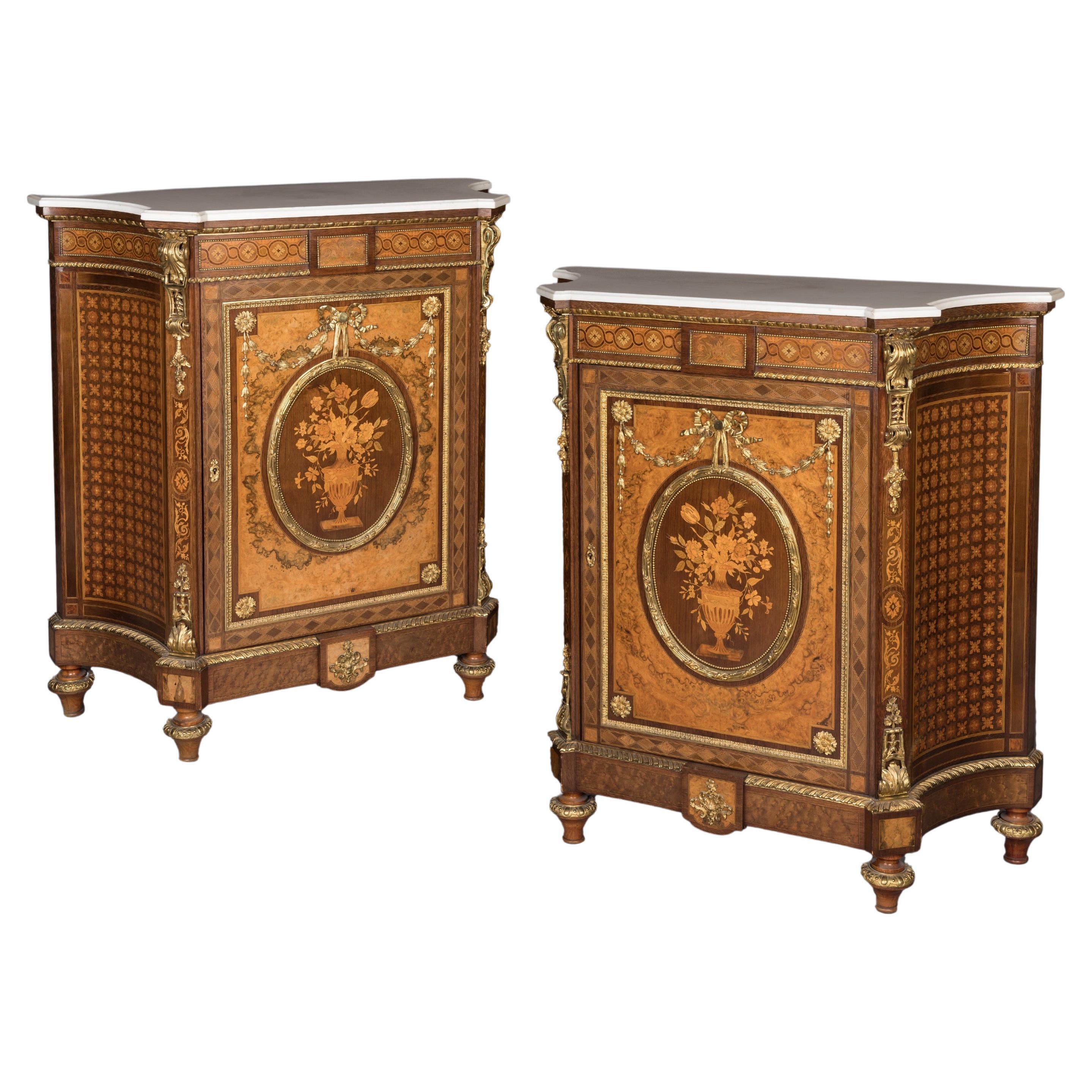 Pair of 19th Century French Floral Marquetry Cabinets with Carrara Marble Tops For Sale