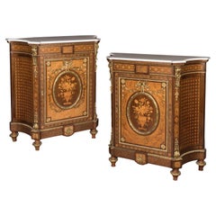 Pair of 19th Century French Floral Marquetry Cabinets with Carrara Marble Tops