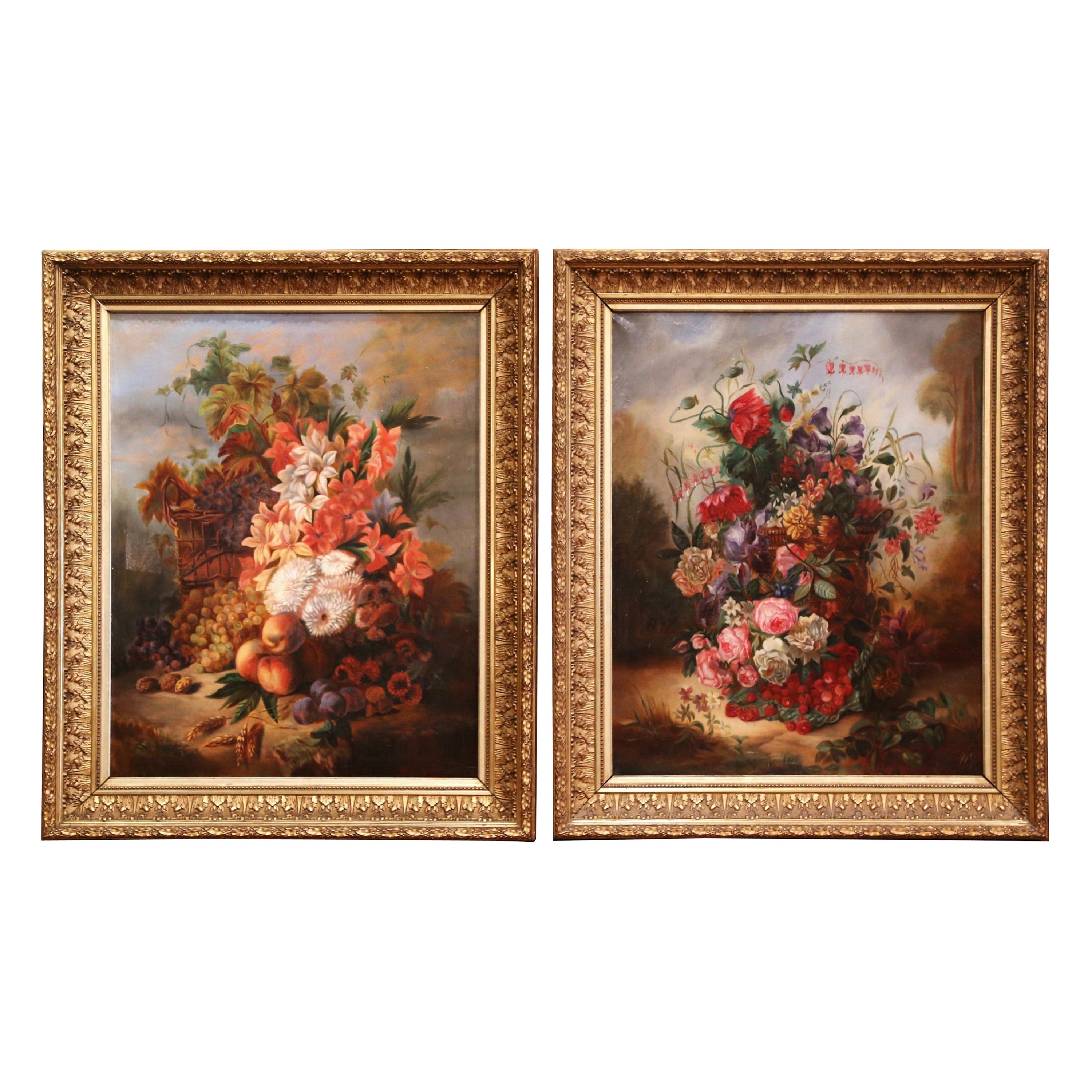Pair of 19th Century French Floral Still Life Oil Paintings in Gilt Frames For Sale