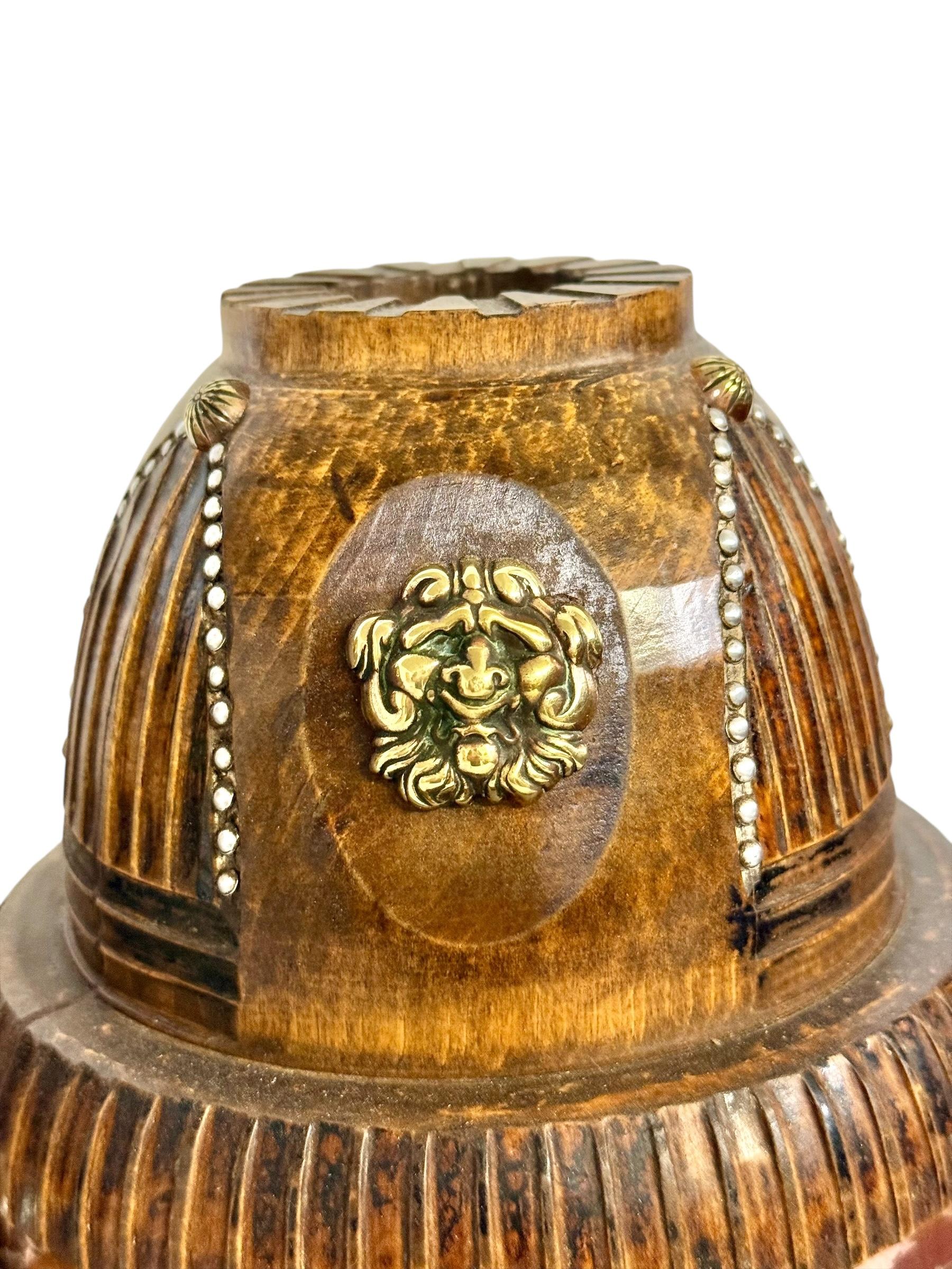 Hand-Carved Pair of 19th Century French Folk Art Torchères with Gilt Brass Lion Heads For Sale