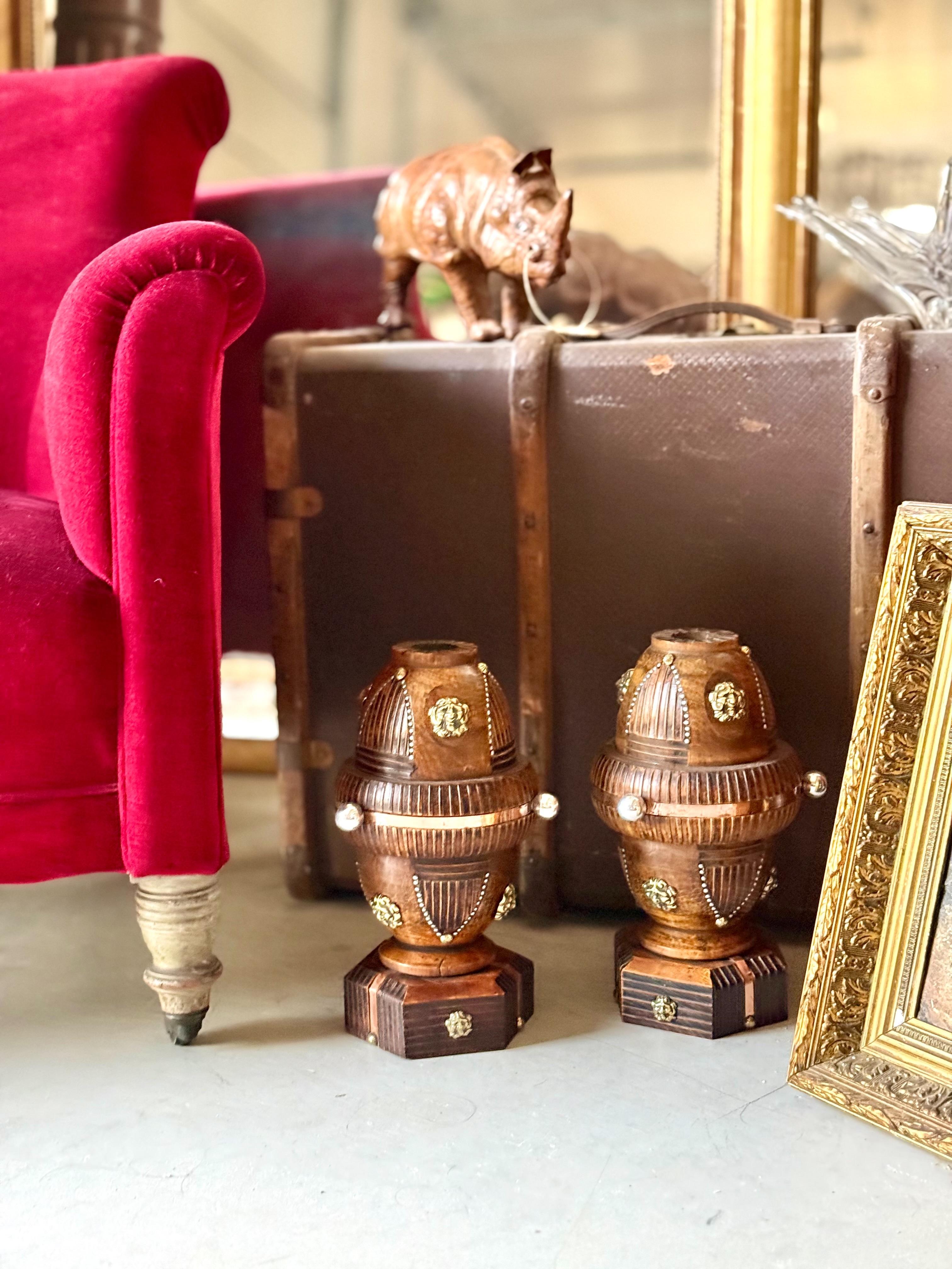 Pair of 19th Century French Folk Art Torchères with Gilt Brass Lion Heads For Sale 1