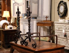 Pair of 19th Century French Forged and Twisted Iron Andirons with Fleur de Lis