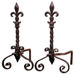 Pair of 19th Century French Forged and Twisted Iron Andirons with Fleur de Lis