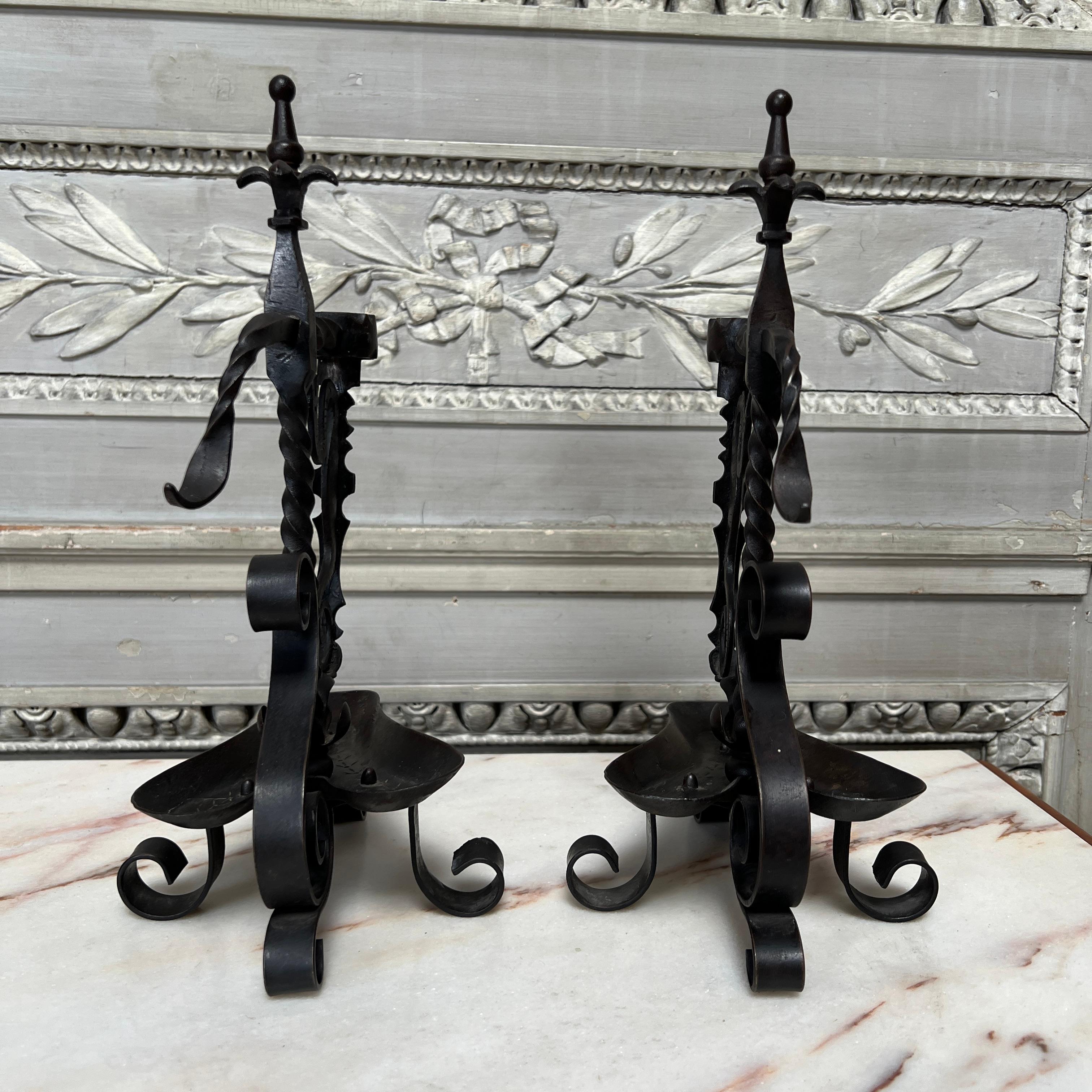 Medieval Pair of 19th Century French Forged Iron Candlesticks For Sale