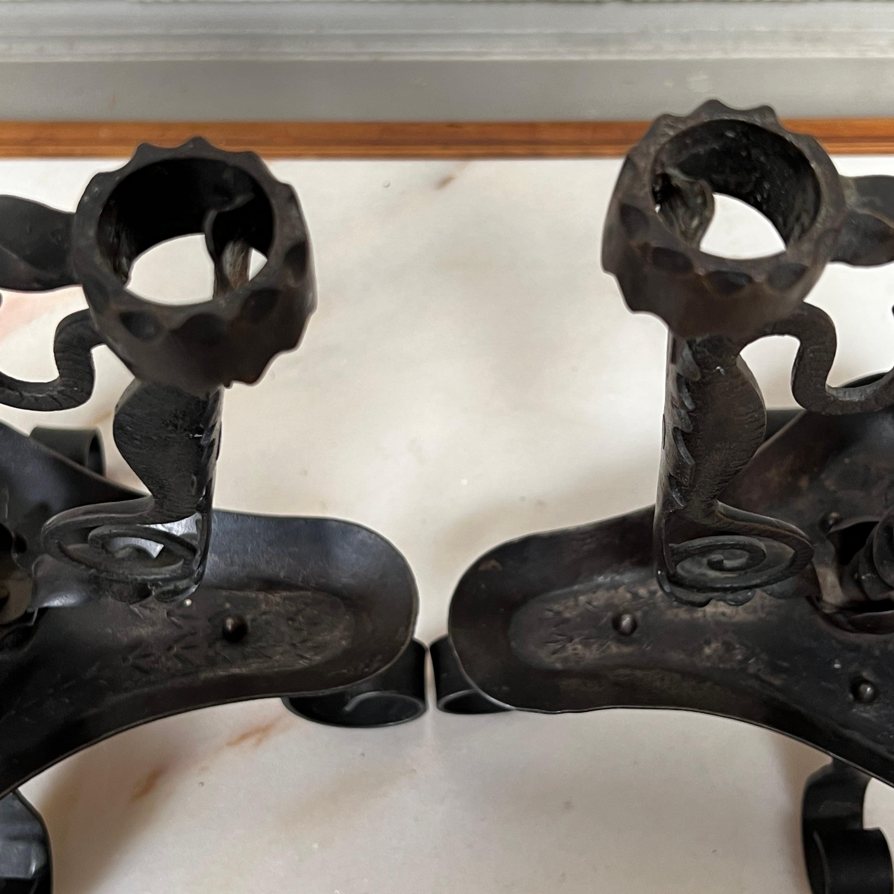 Pair of 19th Century French Forged Iron Candlesticks For Sale 2