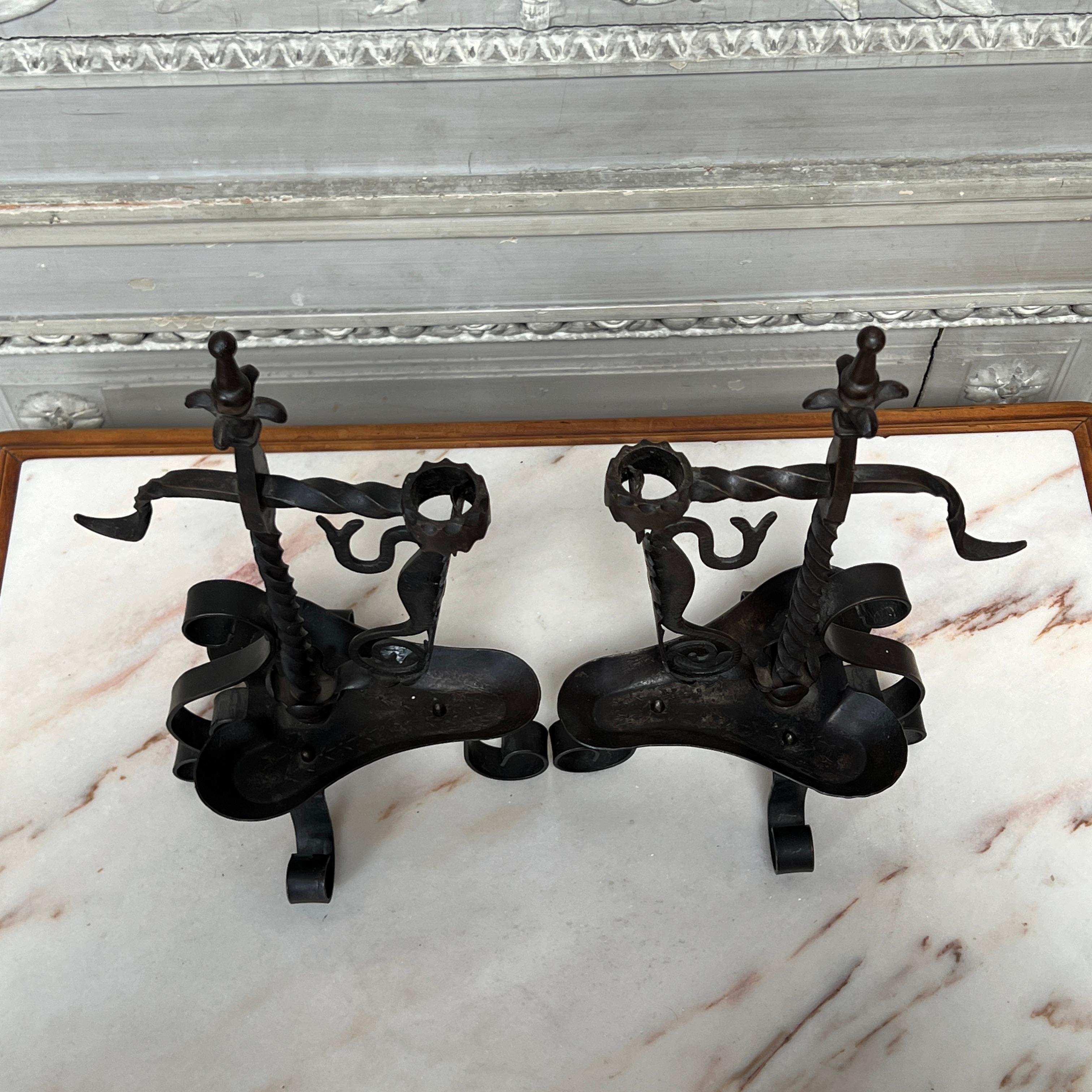 Pair of 19th Century French Forged Iron Candlesticks For Sale 3