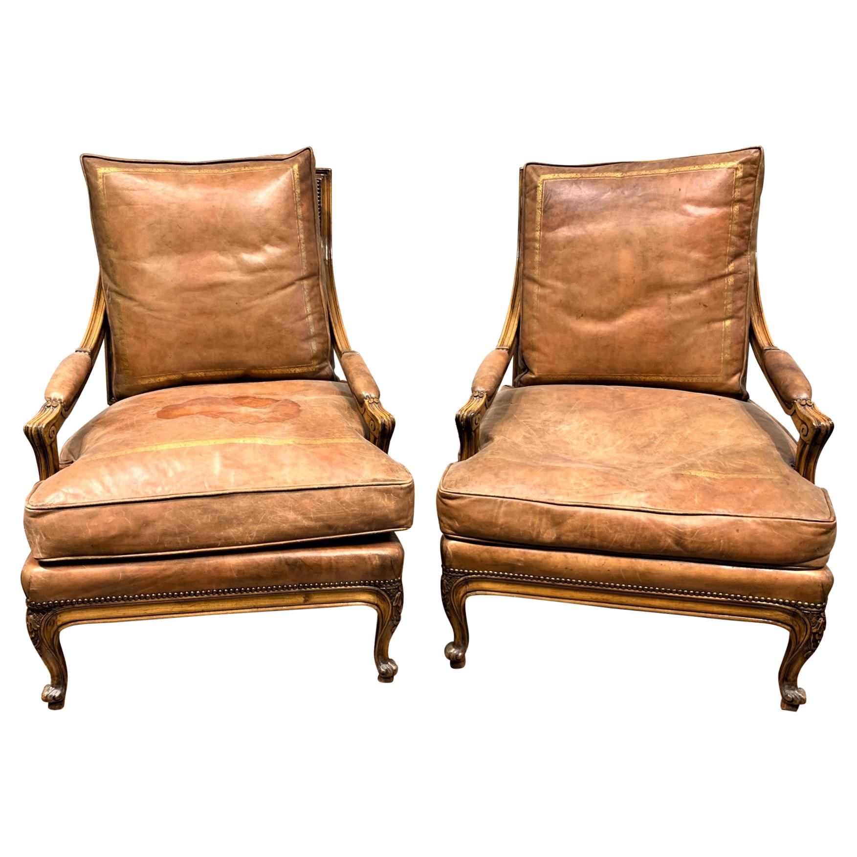 Pair of 19th Century French Fruitwood and Leather Cushion Armchairs