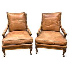 Antique Pair of 19th Century French Fruitwood and Leather Cushion Armchairs