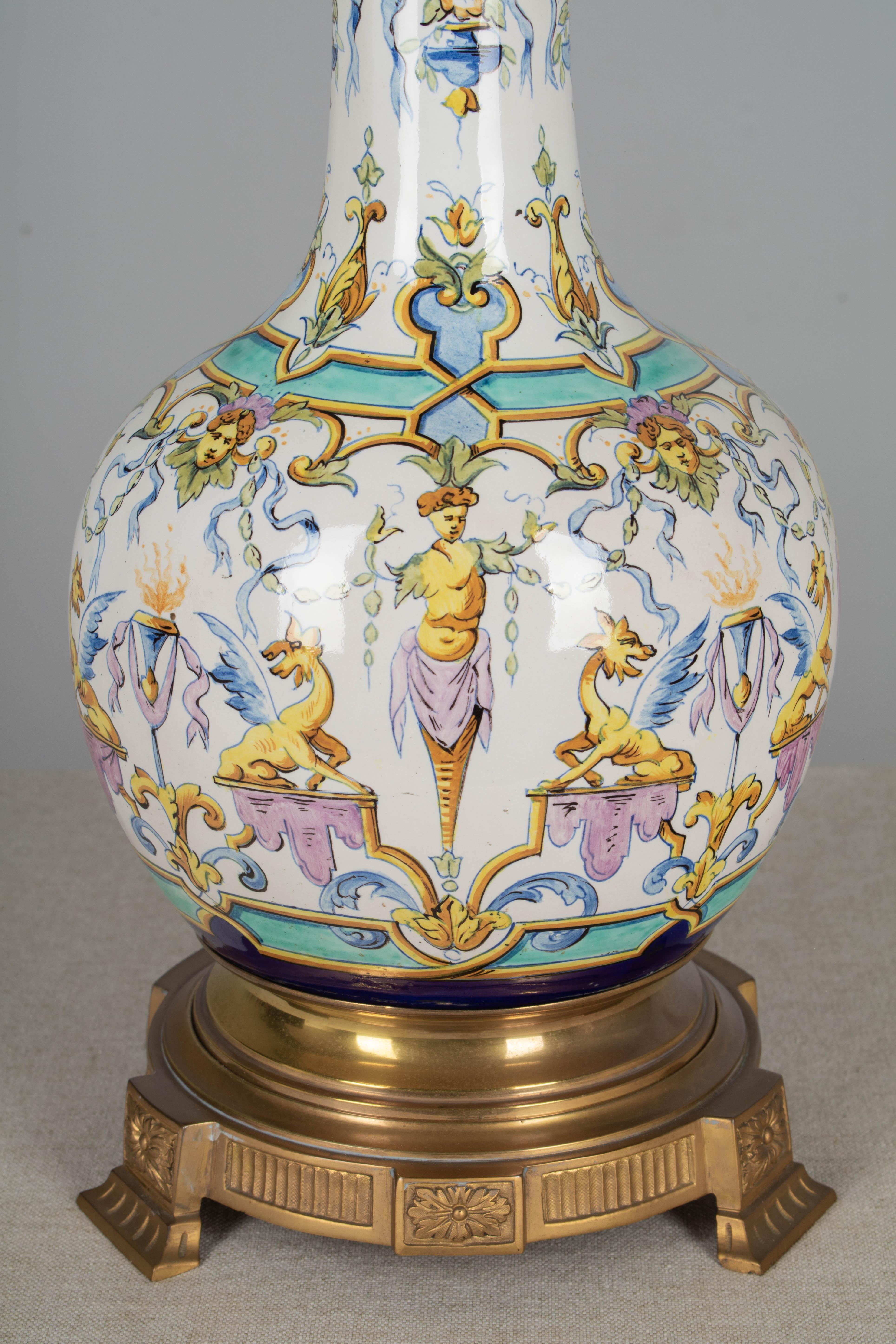 Cast Pair of 19th Century French Gien Faience Lamps