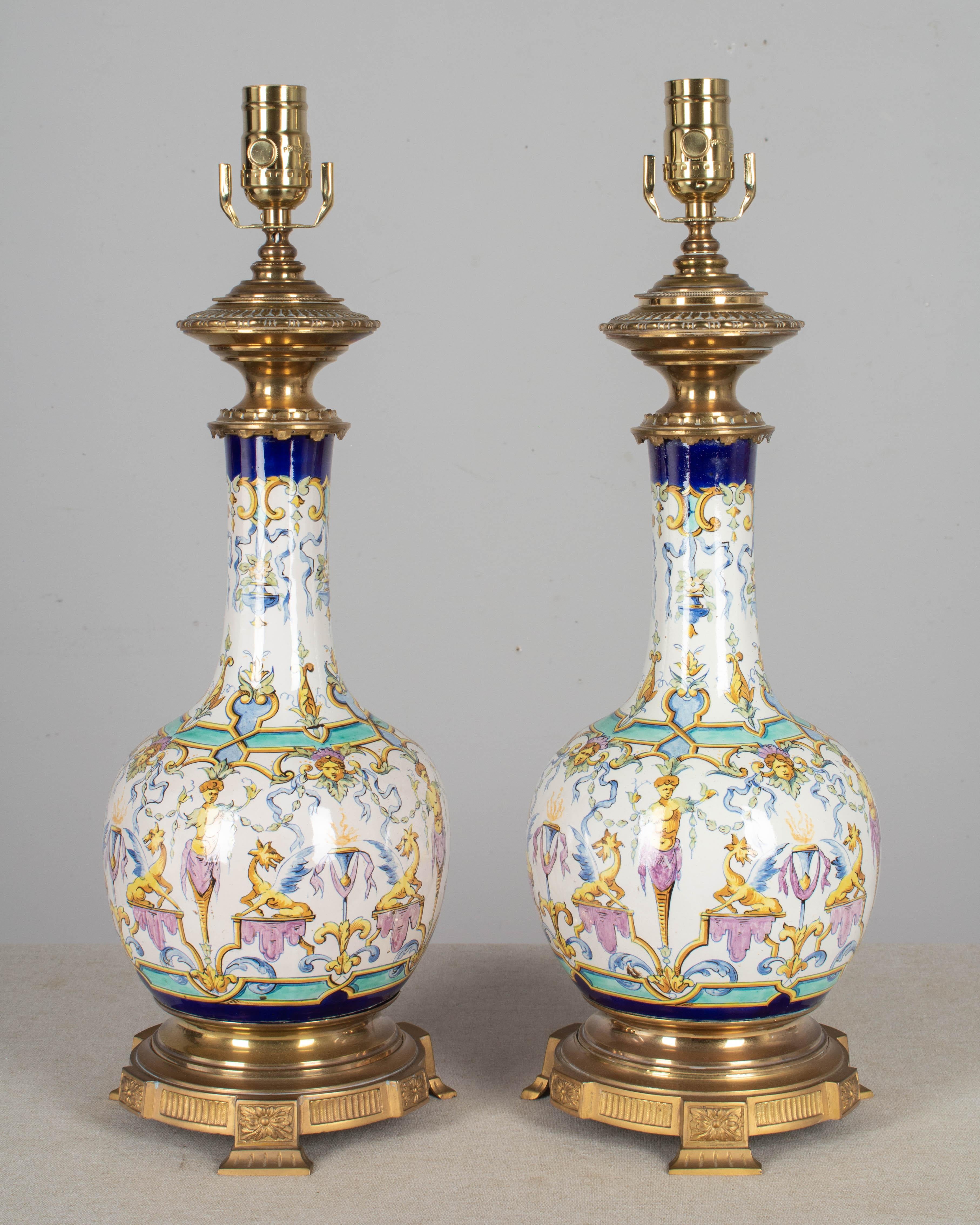 Pair of 19th Century French Gien Faience Lamps In Good Condition In Winter Park, FL