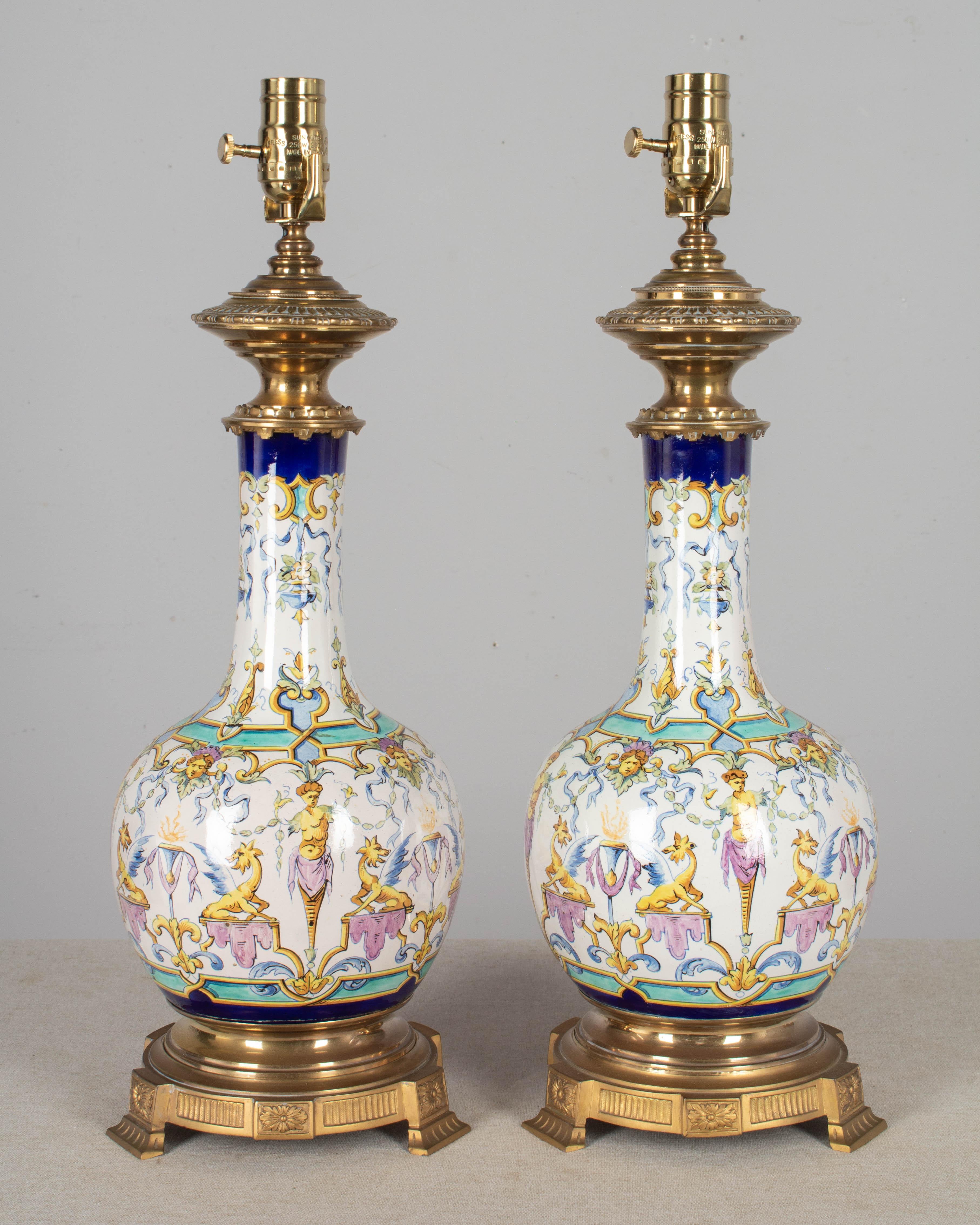 Bronze Pair of 19th Century French Gien Faience Lamps