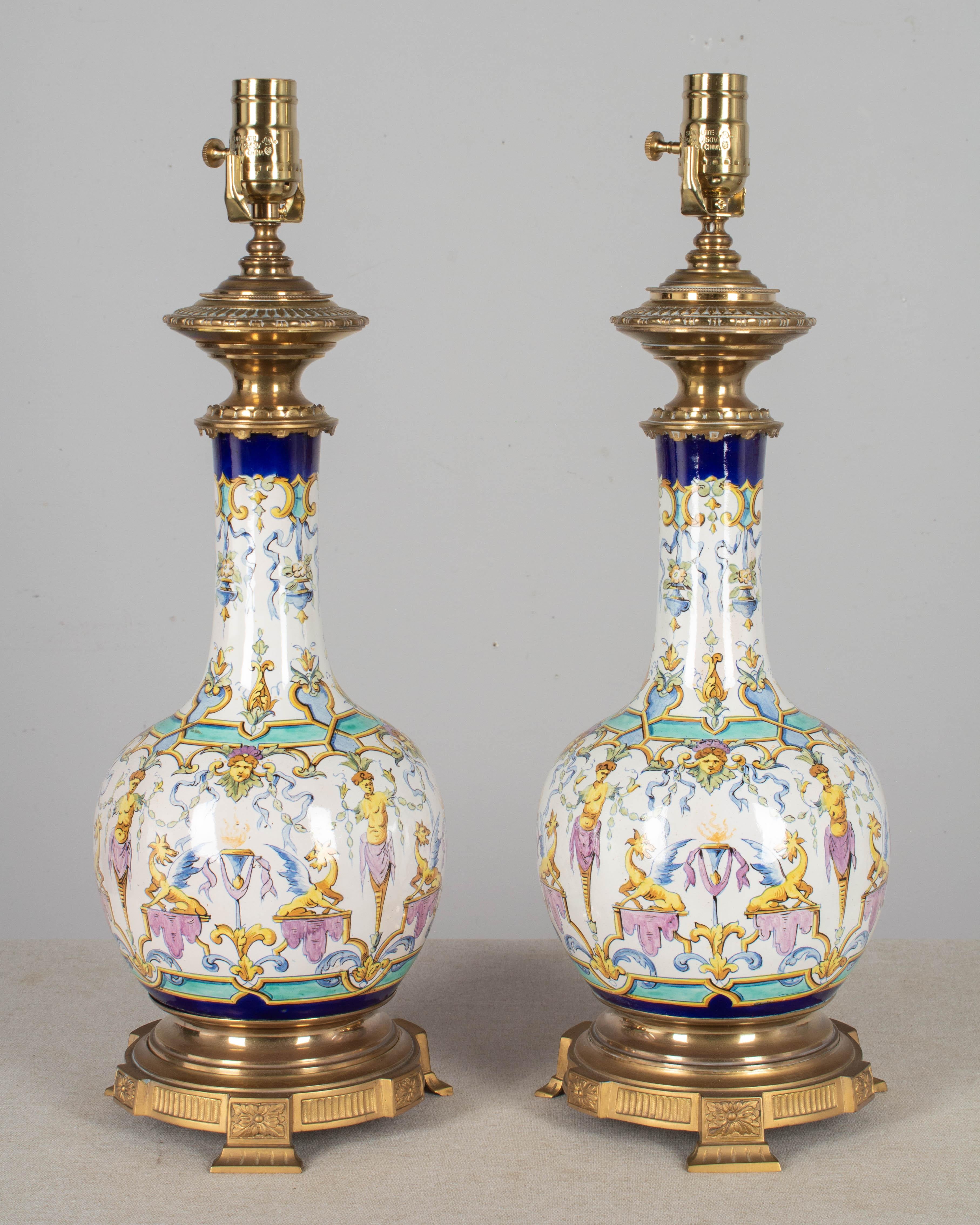 Pair of 19th Century French Gien Faience Lamps 1