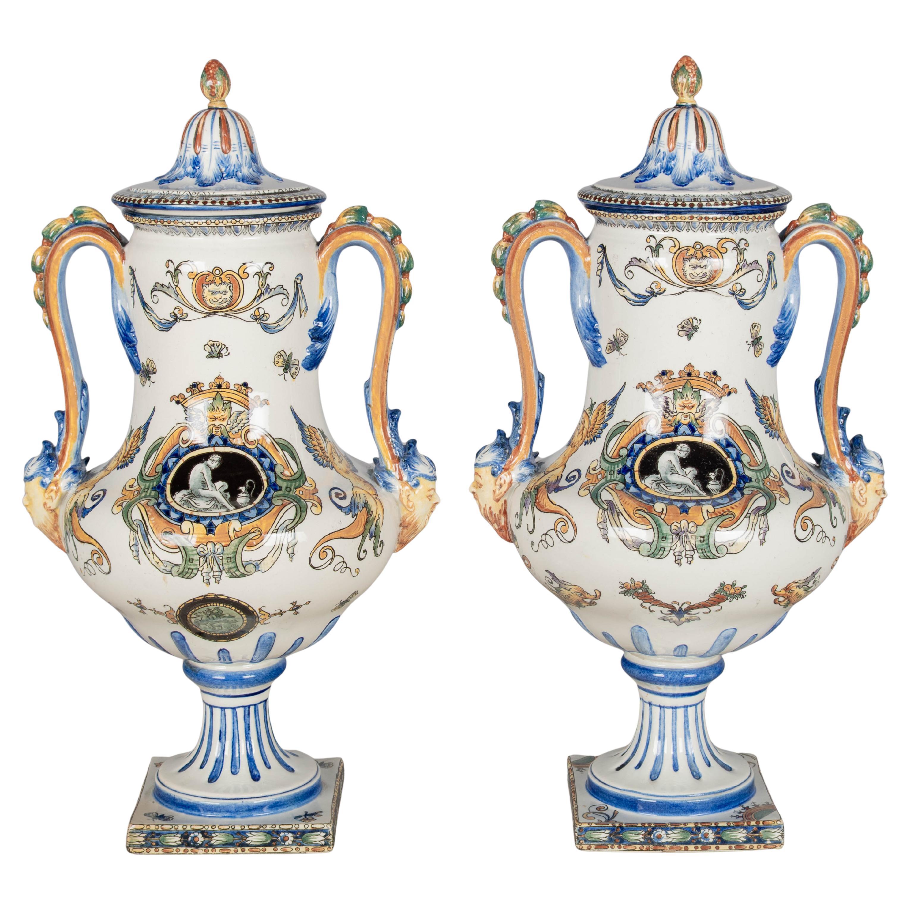 Pair of 19th Century French Gien Faience Urns For Sale