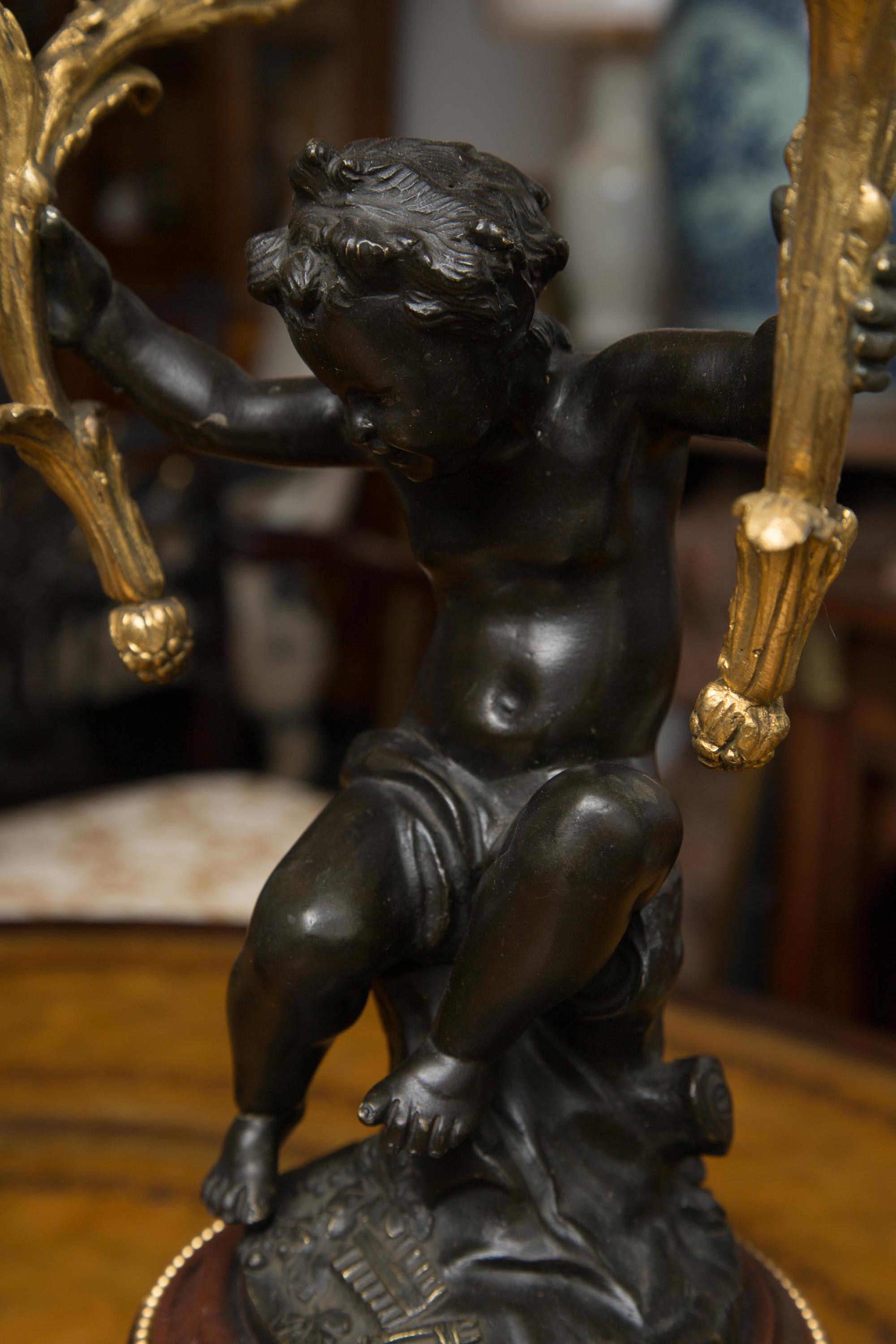 Louis XV Pair of 19th Century French Gilt and Patinated Bronze Cherubs as Candelabra For Sale