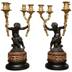 Antique Pair of 19th Century French Gilt and Patinated Bronze Cherubs as Candelabra