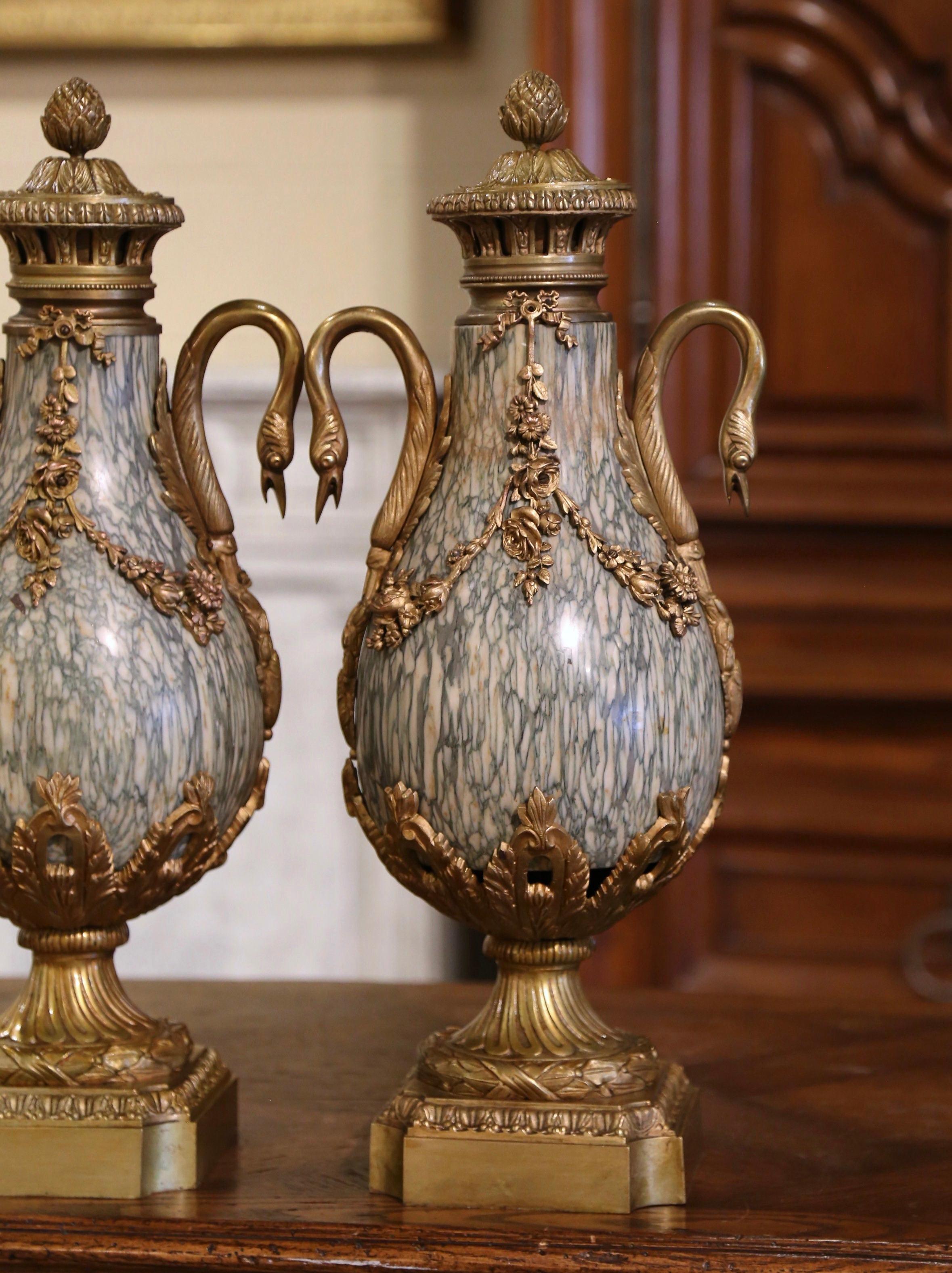 Patinated Pair of 19th Century French Gilt Bronze and Marble Mantel Urns Casolettes For Sale