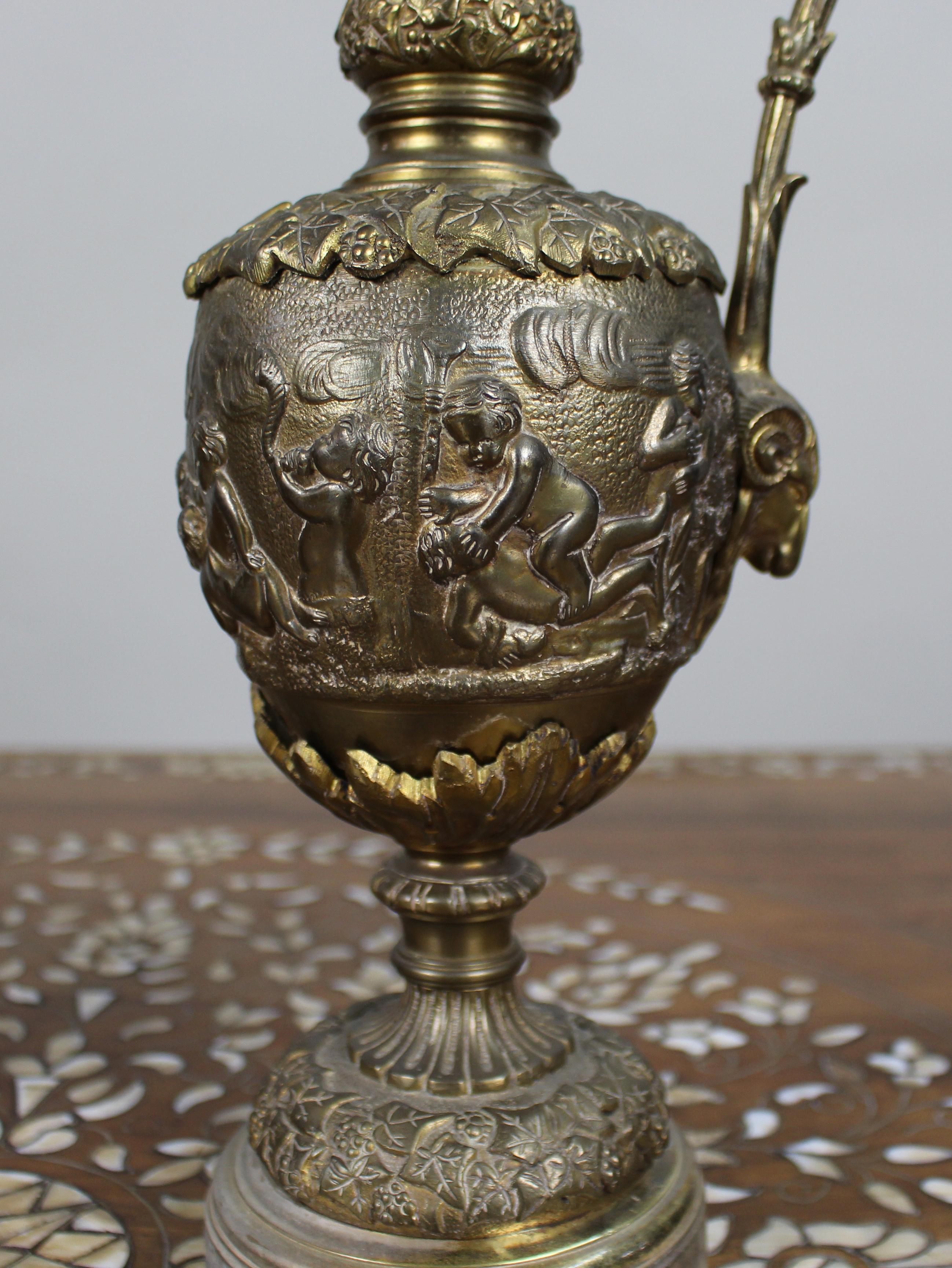Pair of 19th Century French Gilt Bronze Bacchanalian Ewers with Cherubs For Sale 10
