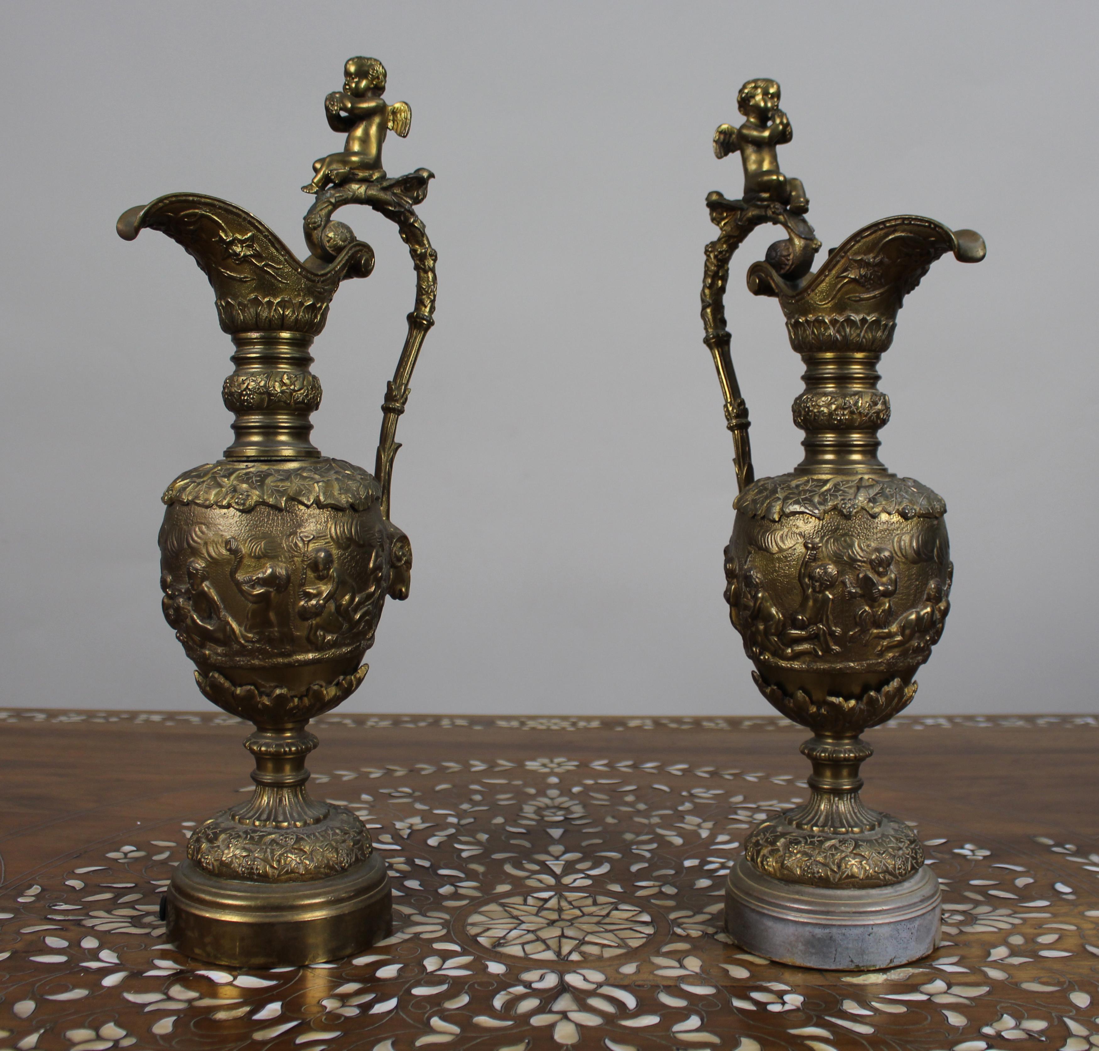 Pair of 19th Century French Gilt Bronze Bacchanalian Ewers with Cherubs For Sale 12