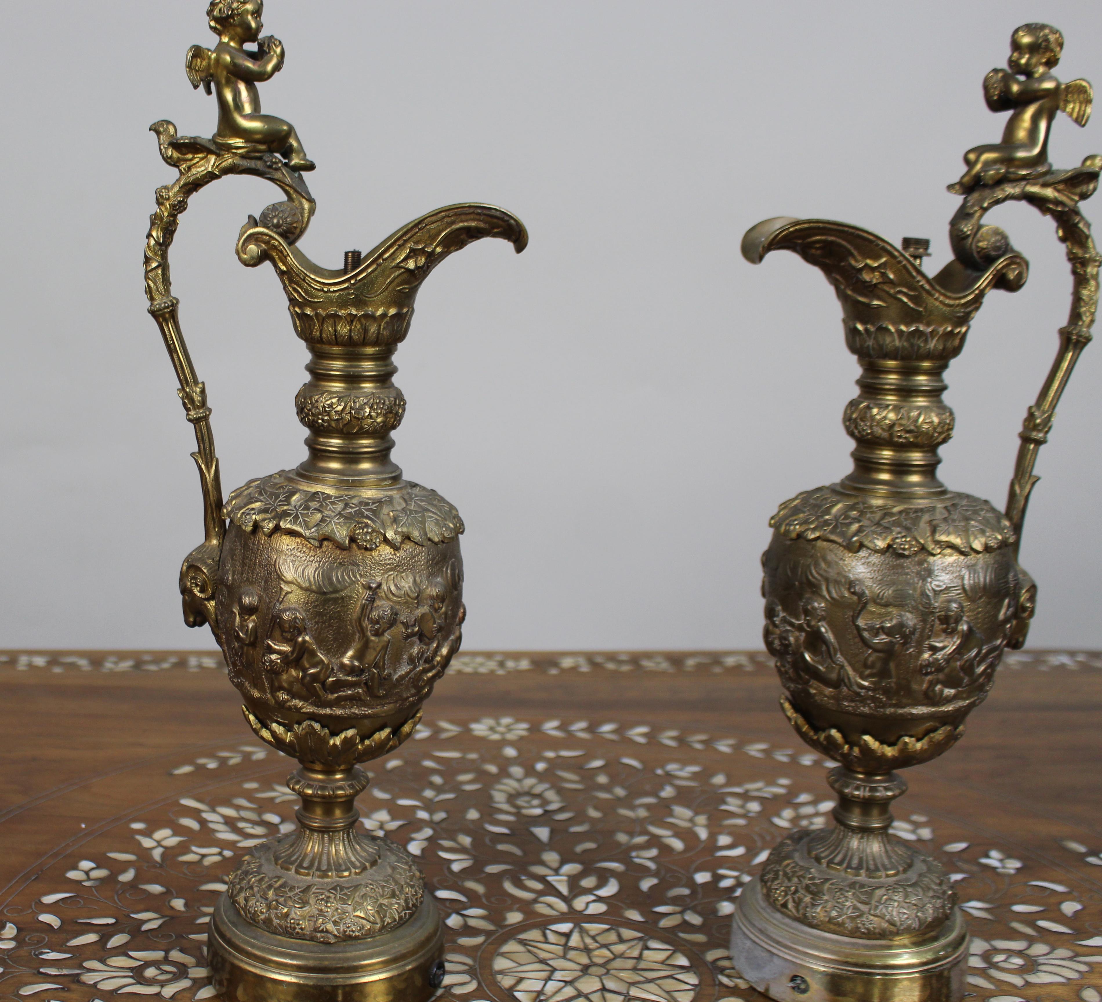 Pair of 19th Century French Gilt Bronze Bacchanalian Ewers with Cherubs For Sale 1