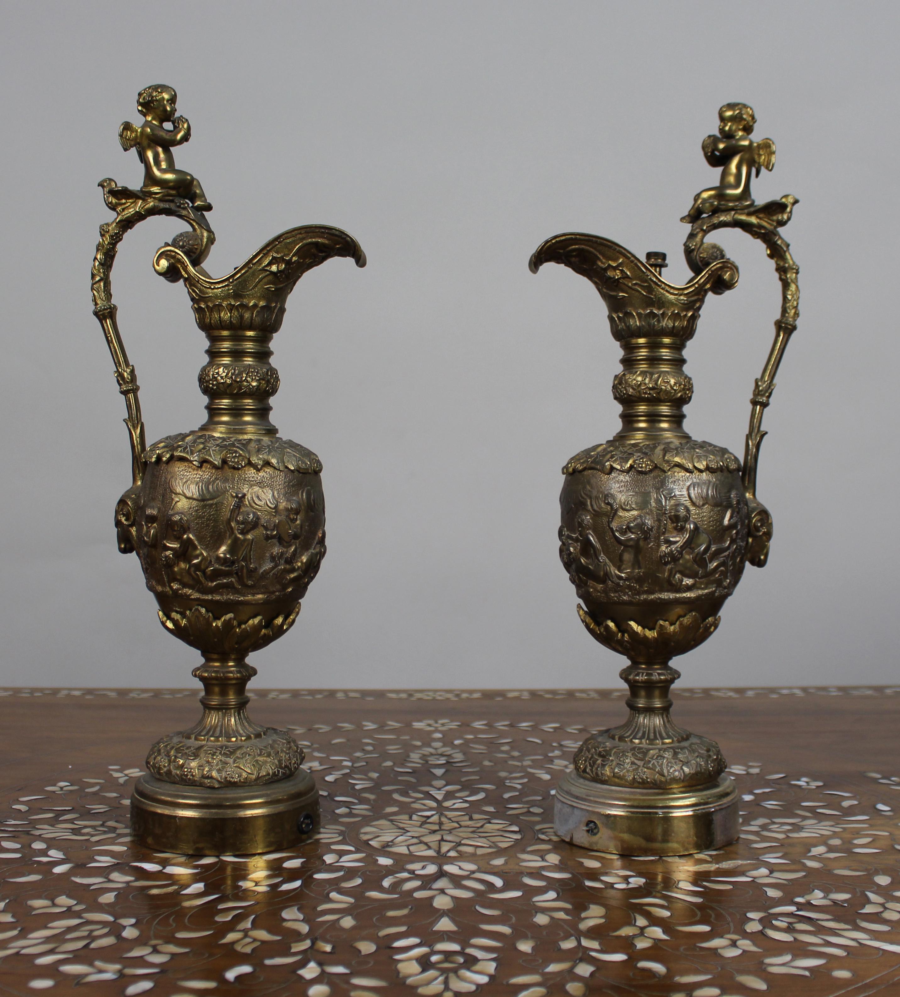 Pair of 19th Century French Gilt Bronze Bacchanalian Ewers with Cherubs For Sale 2