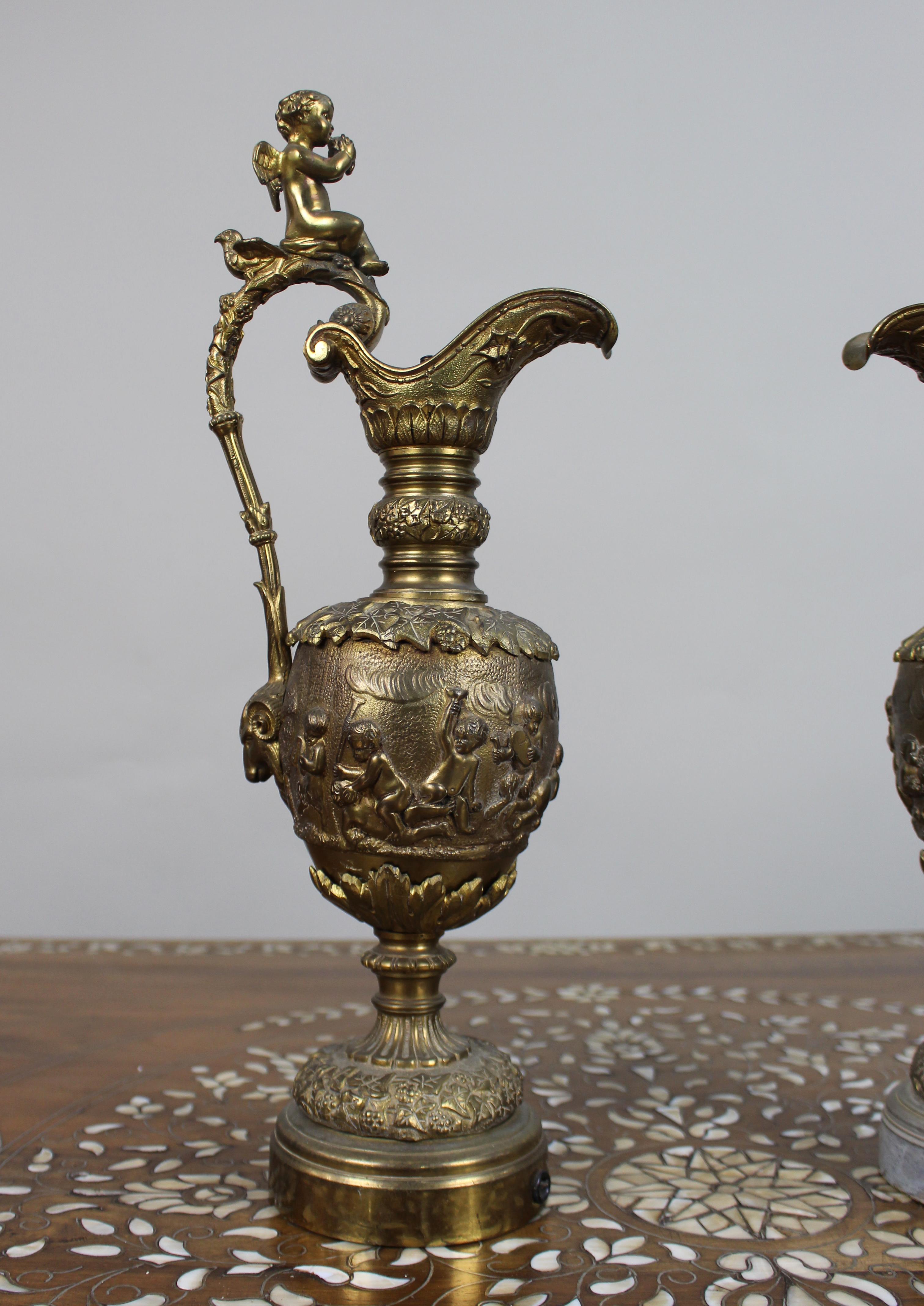 Pair of 19th Century French Gilt Bronze Bacchanalian Ewers with Cherubs For Sale 3