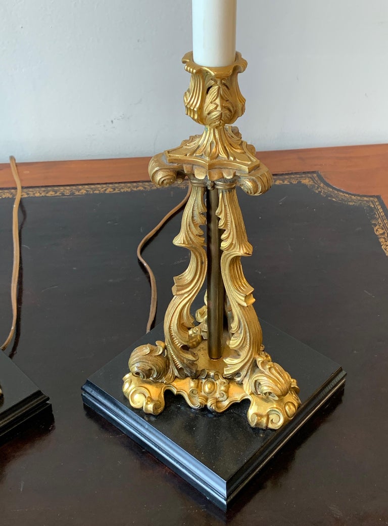Pair of 19th Century French Gilt Bronze Candlestick Lamps at 1stDibs