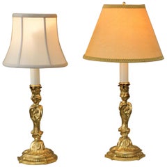 Pair of 19th Century French Gilt Bronze Candlestick Lamps