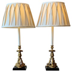 Pair of 19th Century French Gilt Bronze Candlestick Lamps