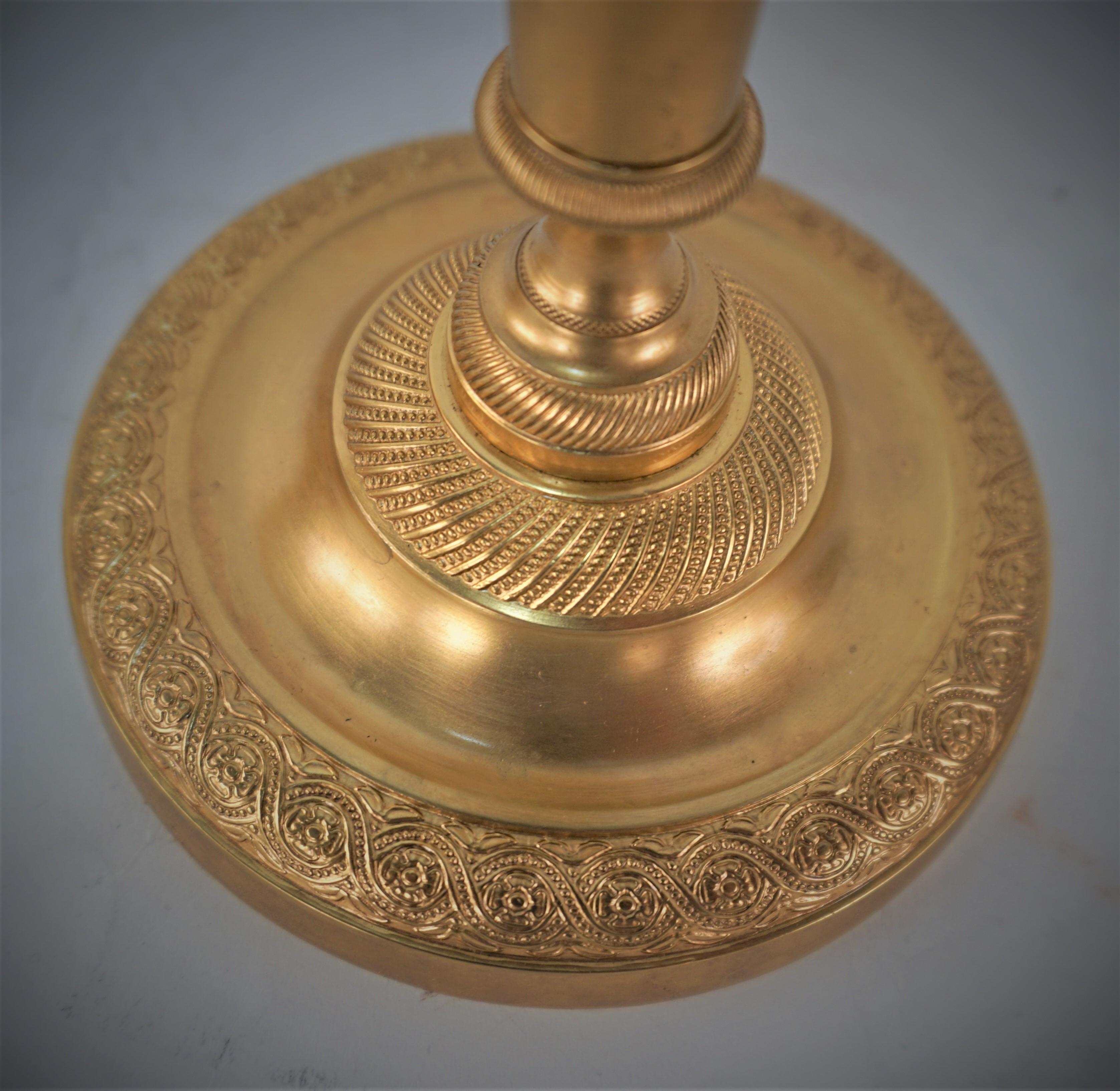 Pair of 19th century empire style gilt bronze candleholders with exceptionary great detail casting.