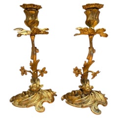 Pair of 19th Century French Gilt Bronze Dolphin Candlesticks, Finely Chased