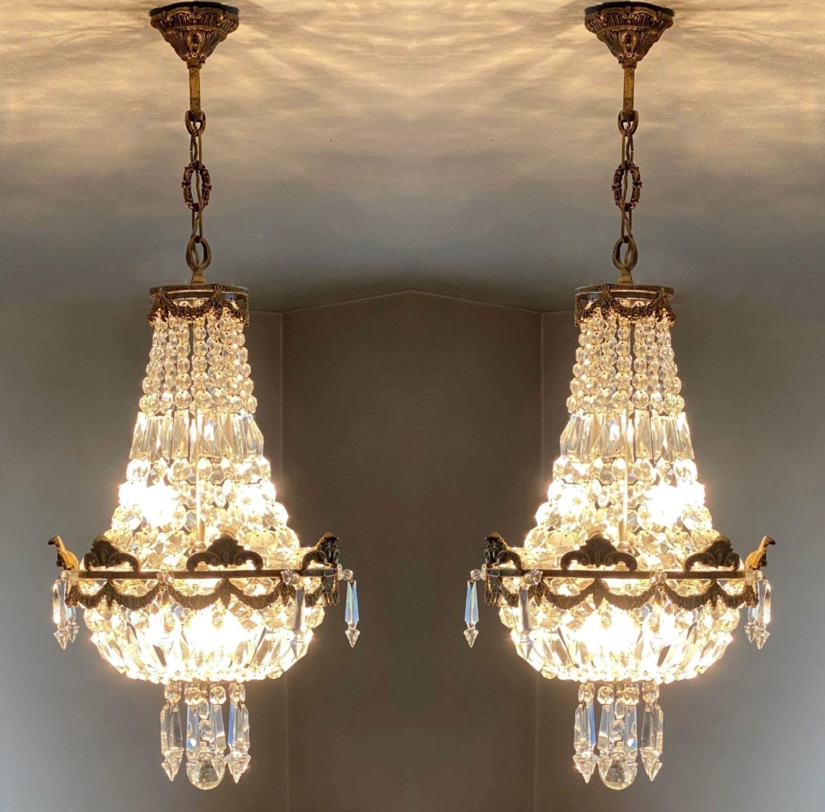 Pair of French Gilt Bronze Faceted Crystal Five-Light Chandeliers or Lanterns 5