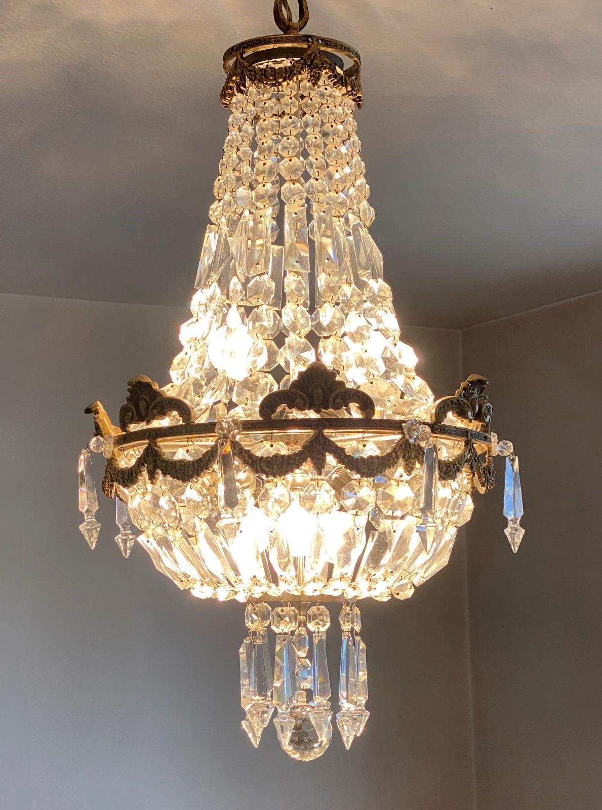Pair of French Gilt Bronze Faceted Crystal Five-Light Chandeliers or Lanterns 7