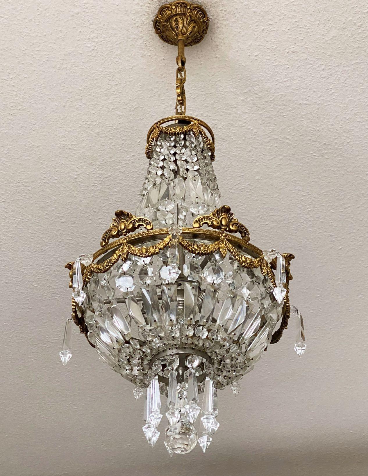 Pair of French Gilt Bronze Faceted Crystal Five-Light Chandeliers or Lanterns 1