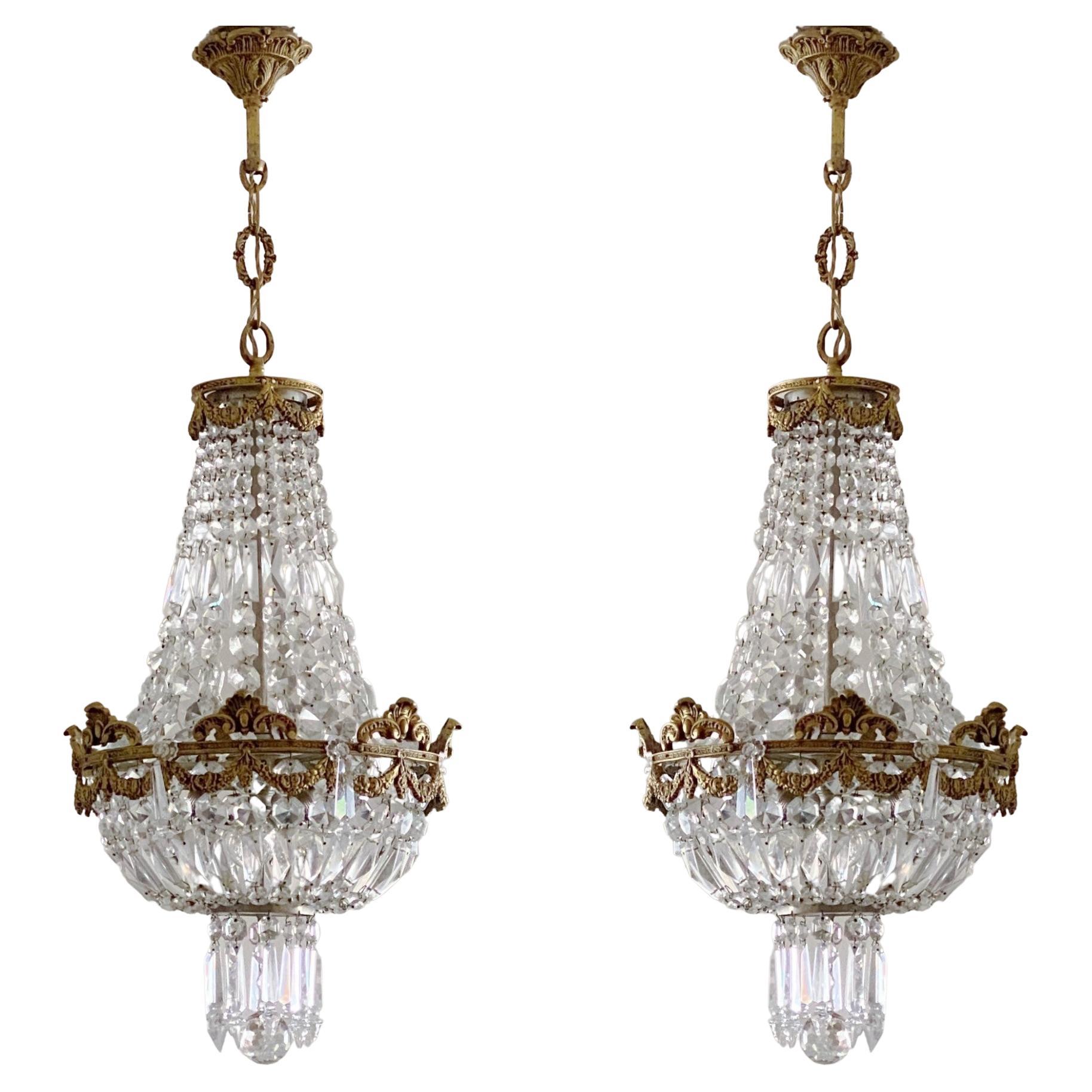 Pair of French Gilt Bronze Faceted Crystal Five-Light Chandeliers or Lanterns